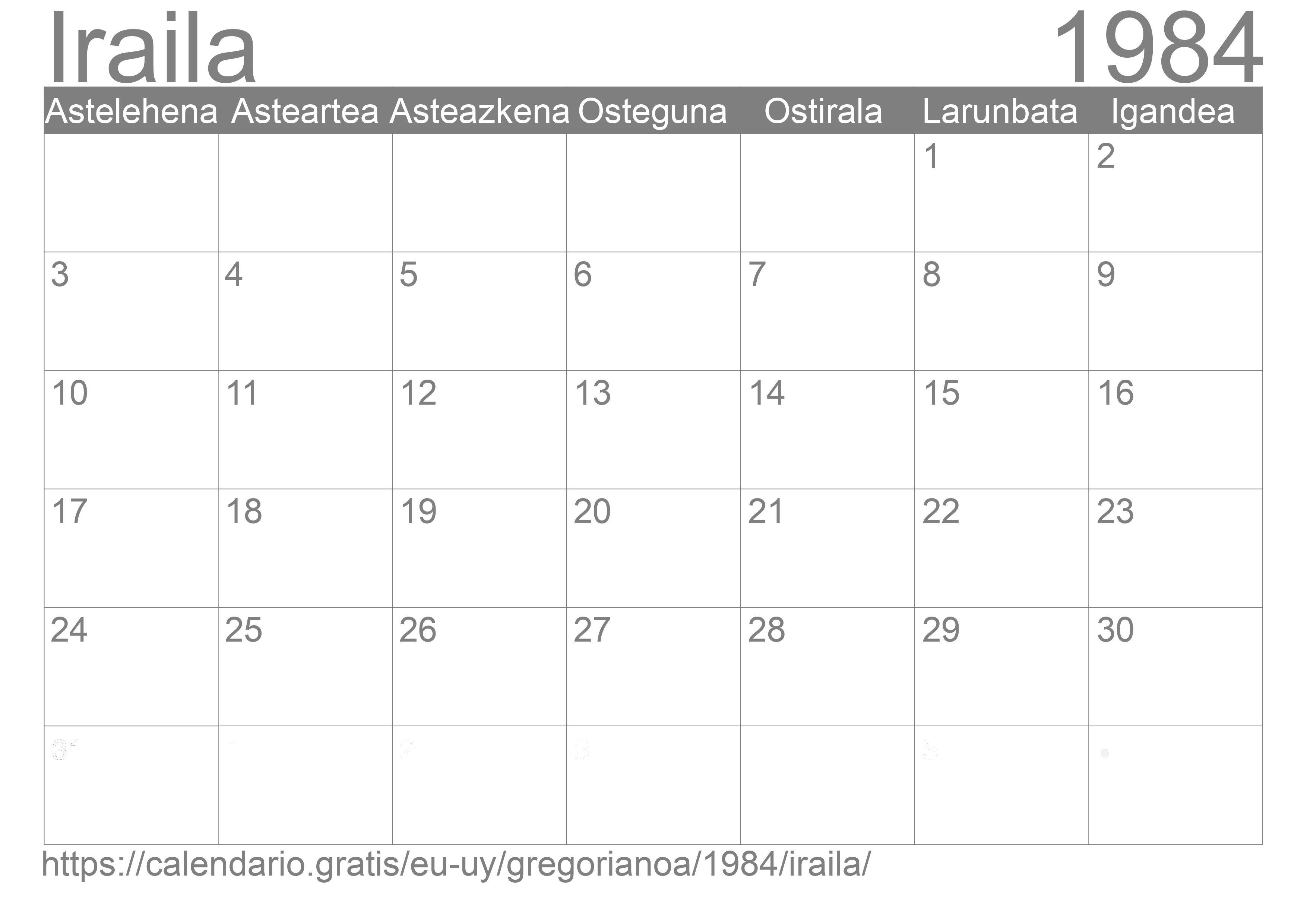 1984ko Iraila egutegia inprimatzeko