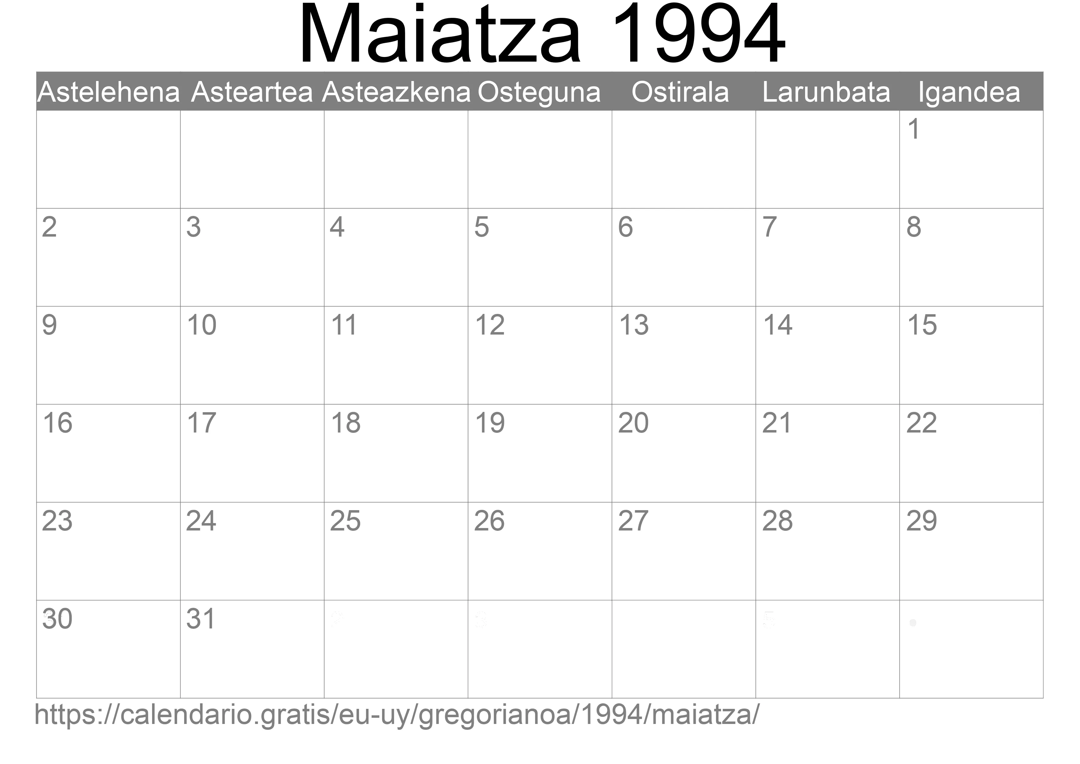 1994ko Maiatza egutegia inprimatzeko (Uruguai)