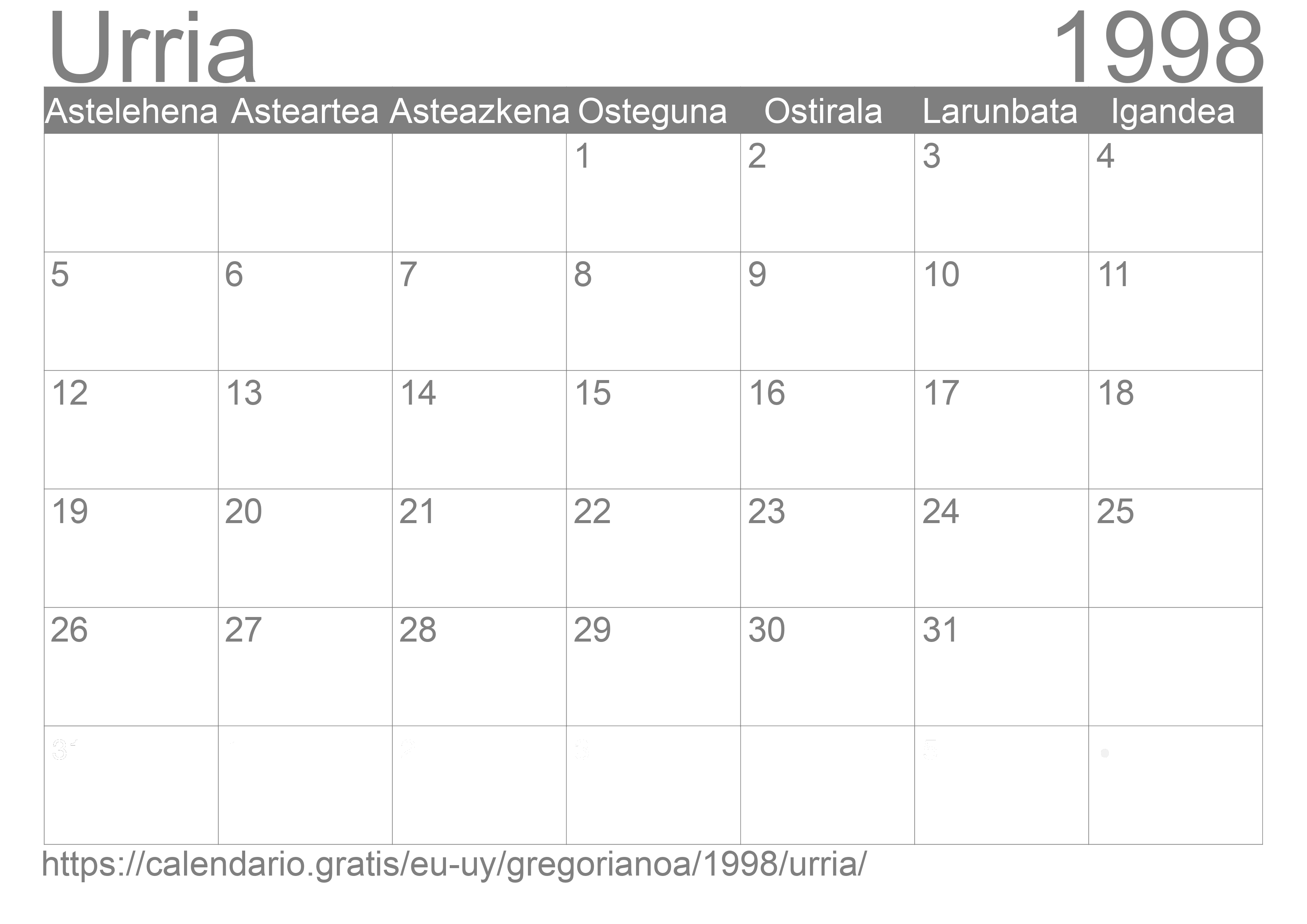 1998ko Urria egutegia inprimatzeko