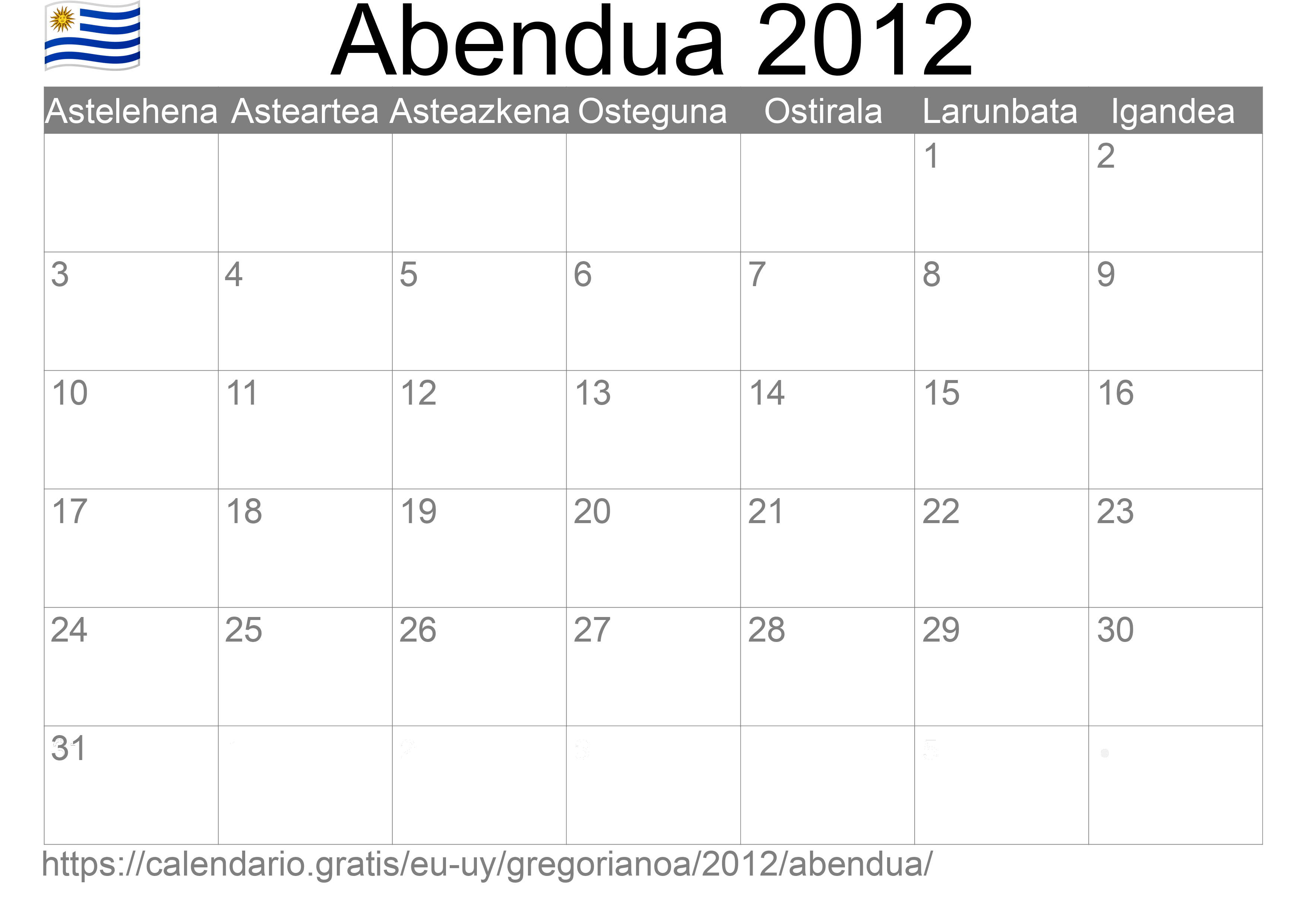 2012ko Abendua egutegia inprimatzeko