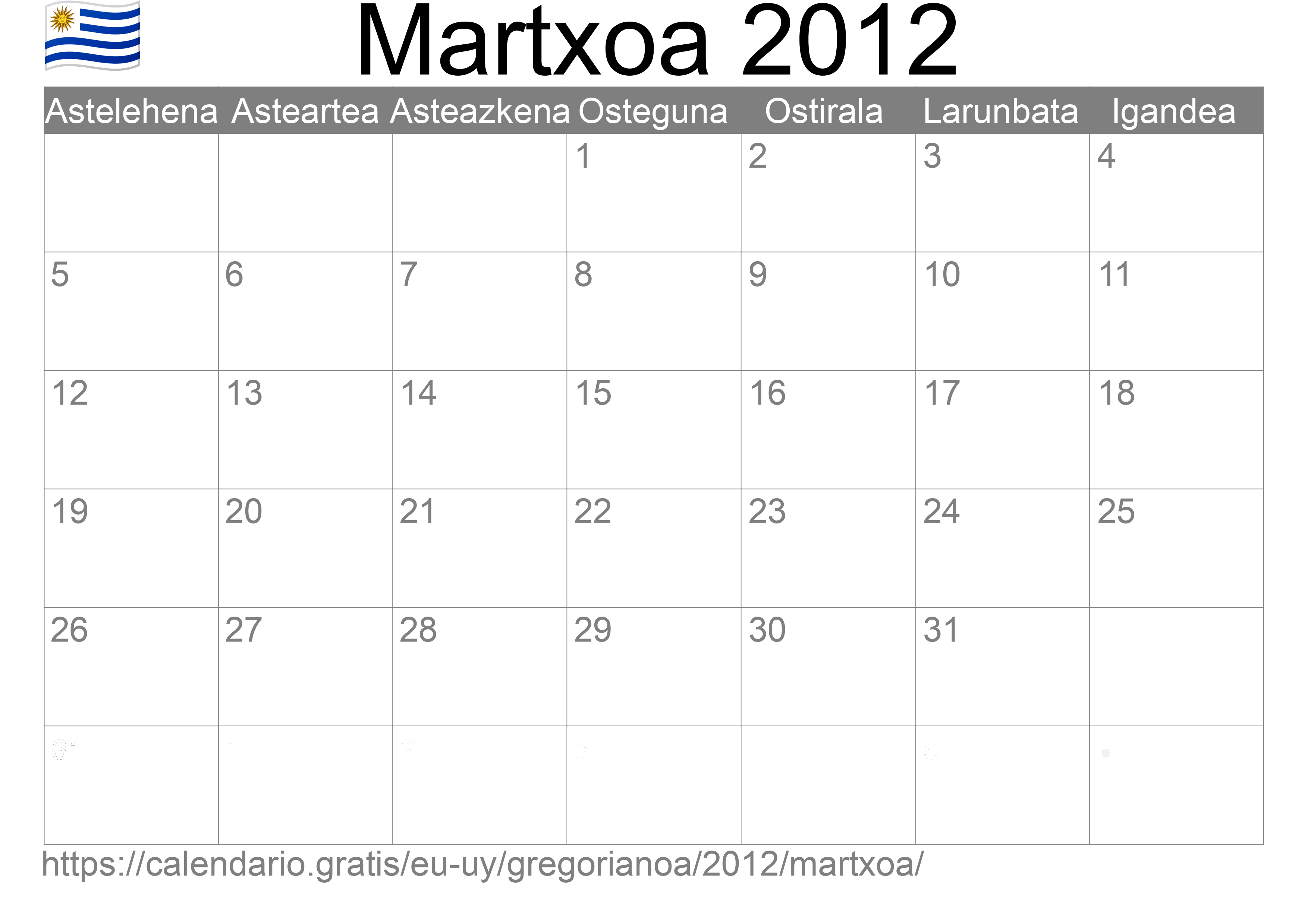 2012ko Martxoa egutegia inprimatzeko