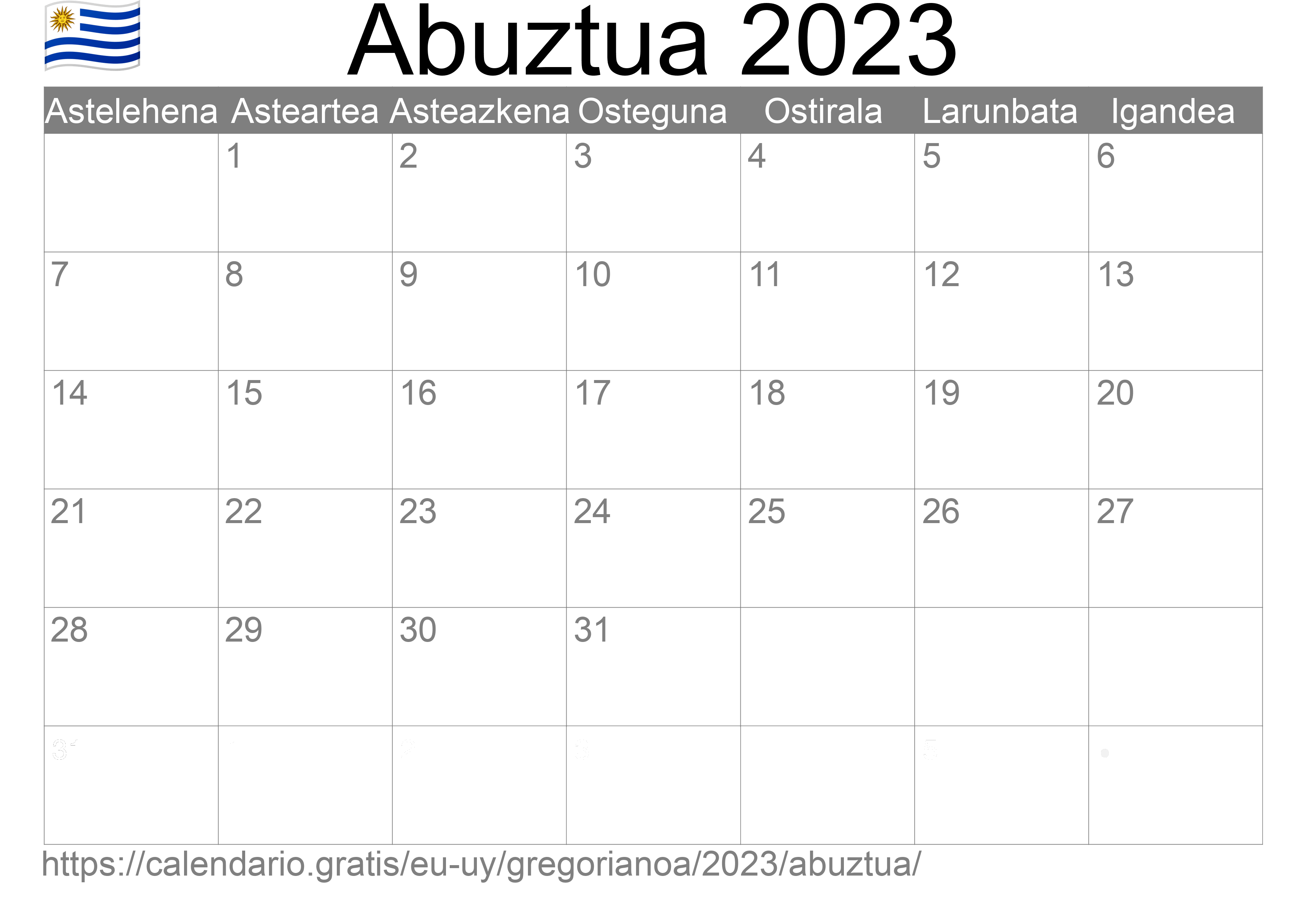 2023ko Abuztua egutegia inprimatzeko