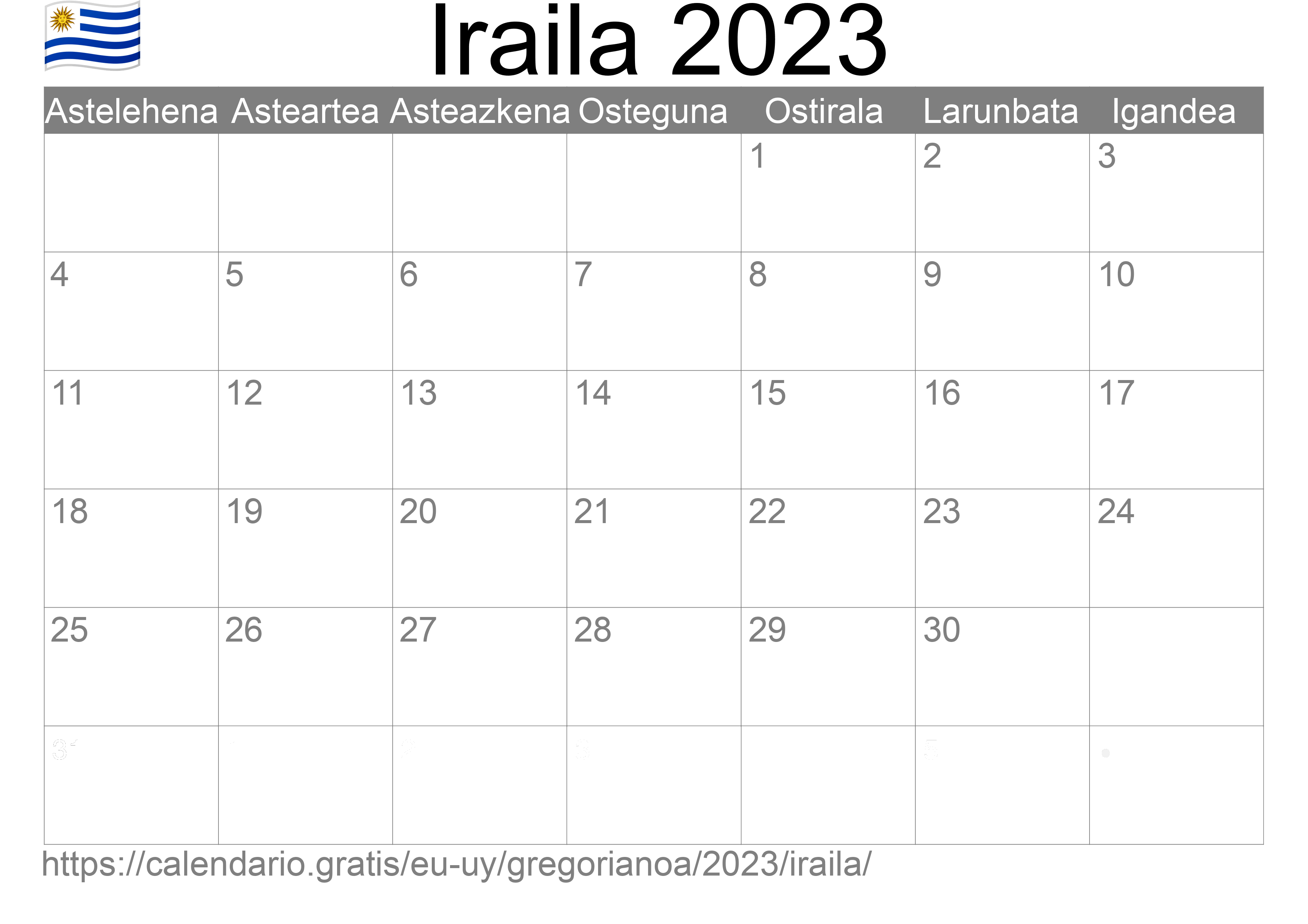 2023ko Iraila egutegia inprimatzeko