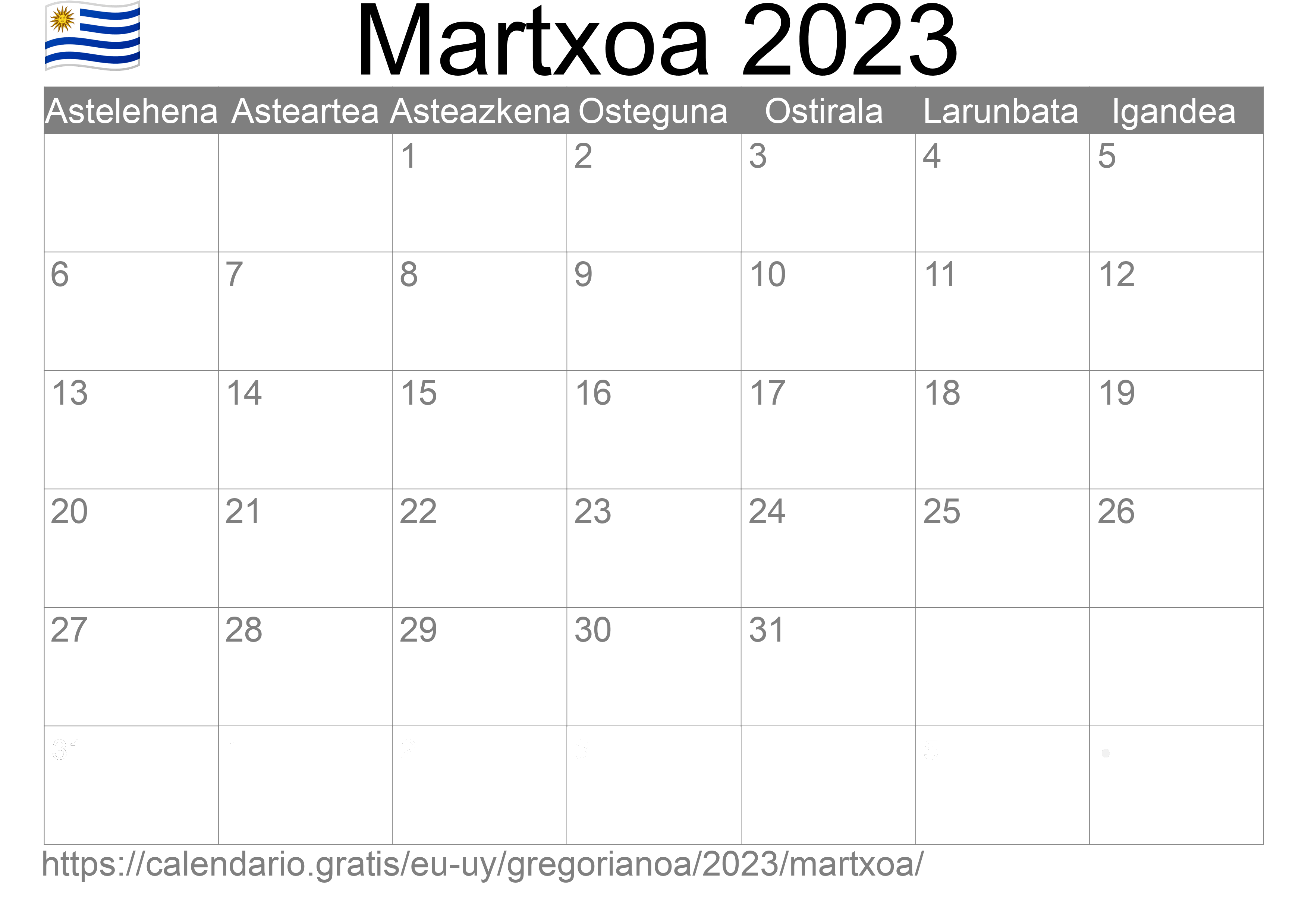 2023ko Martxoa egutegia inprimatzeko