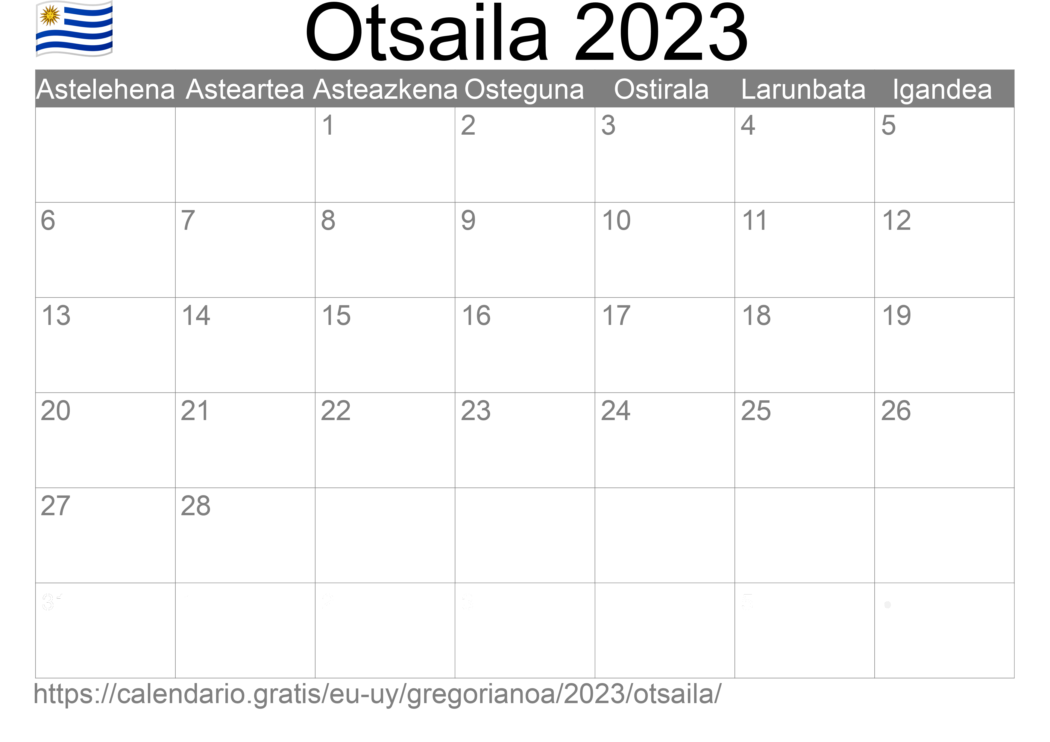 2023ko Otsaila egutegia inprimatzeko