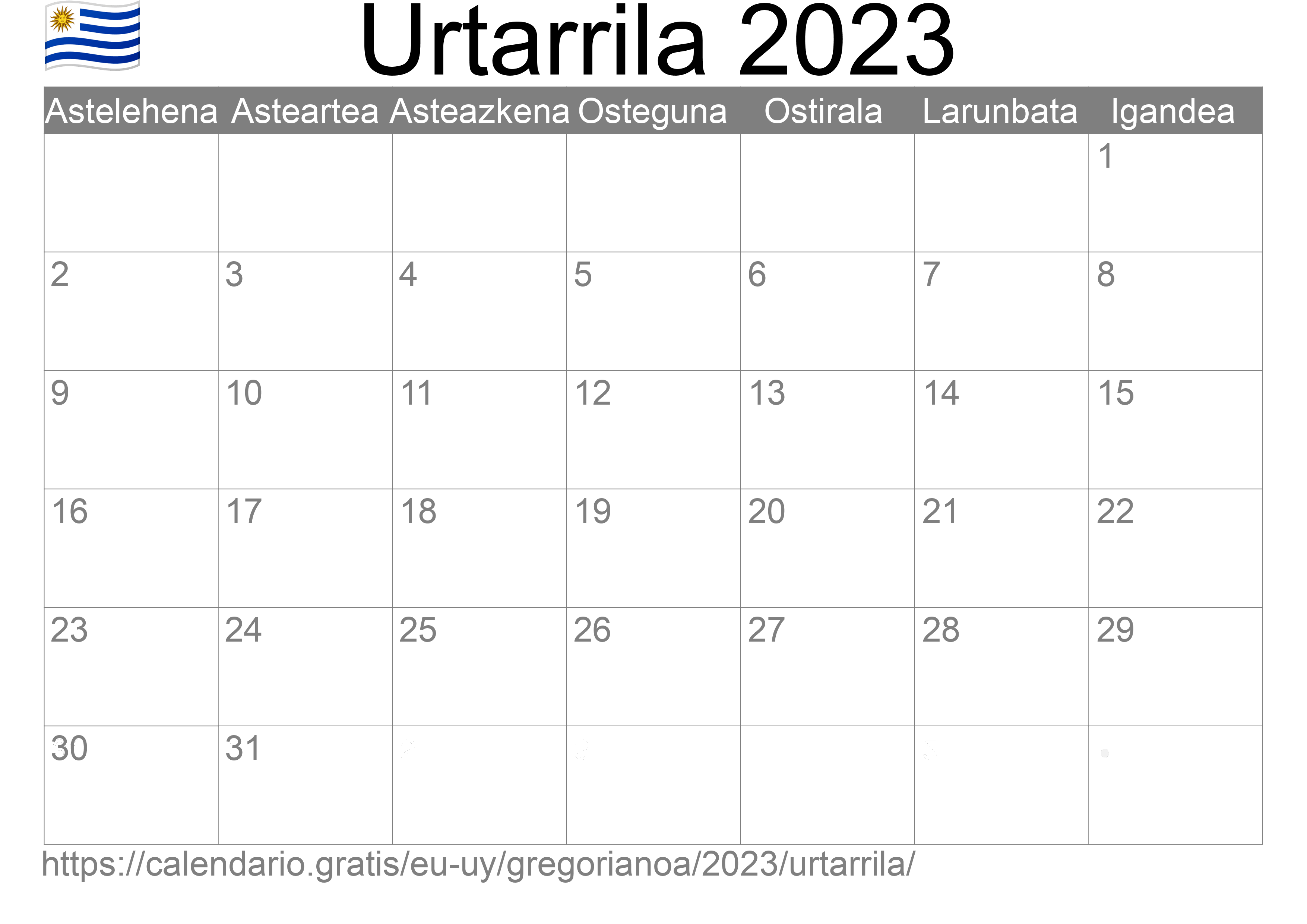 2023ko Urtarrila egutegia inprimatzeko