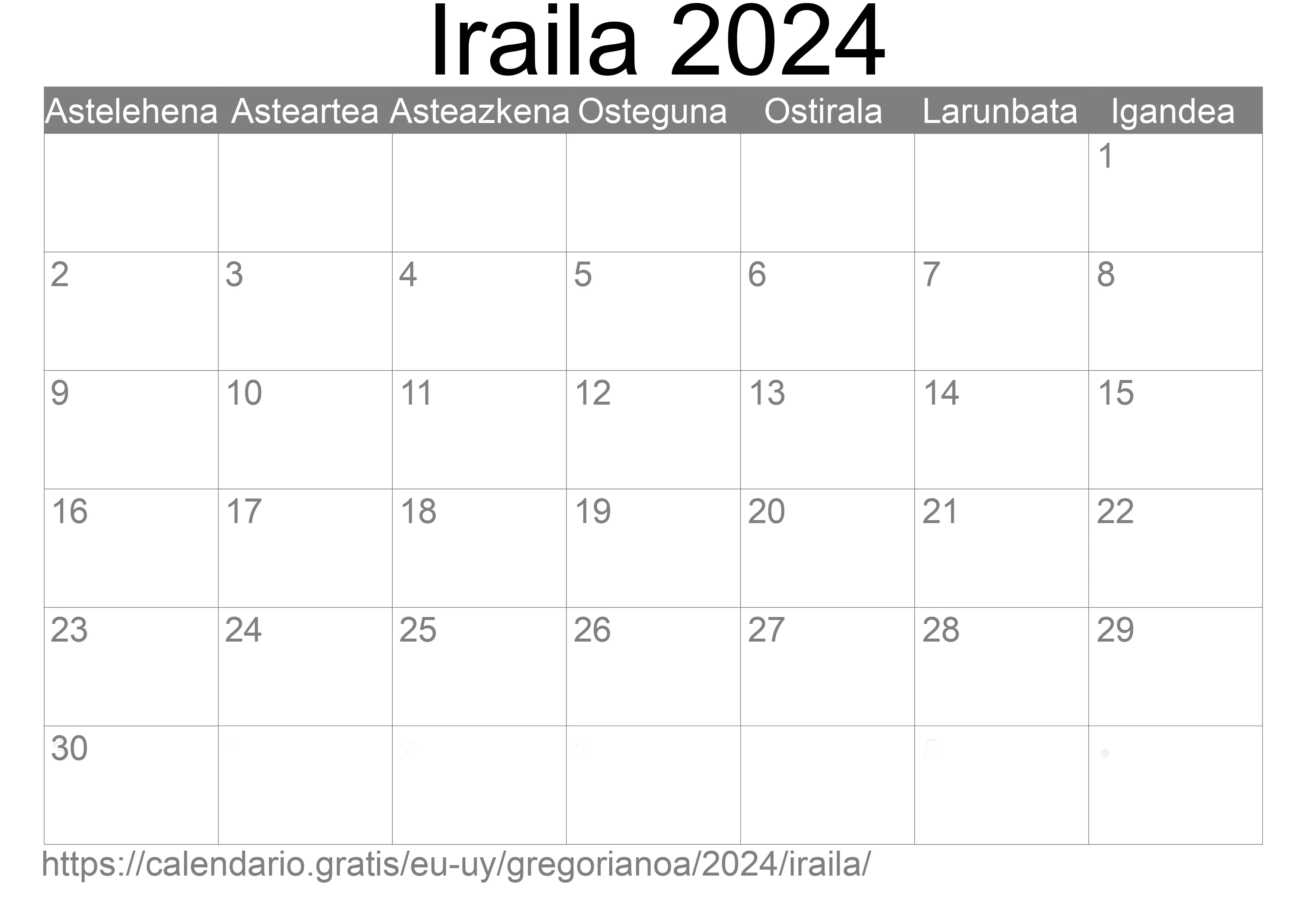 2024ko Iraila egutegia inprimatzeko (Uruguai) 2024ko Iraila egutegia inprimatzeko (Uruguai)