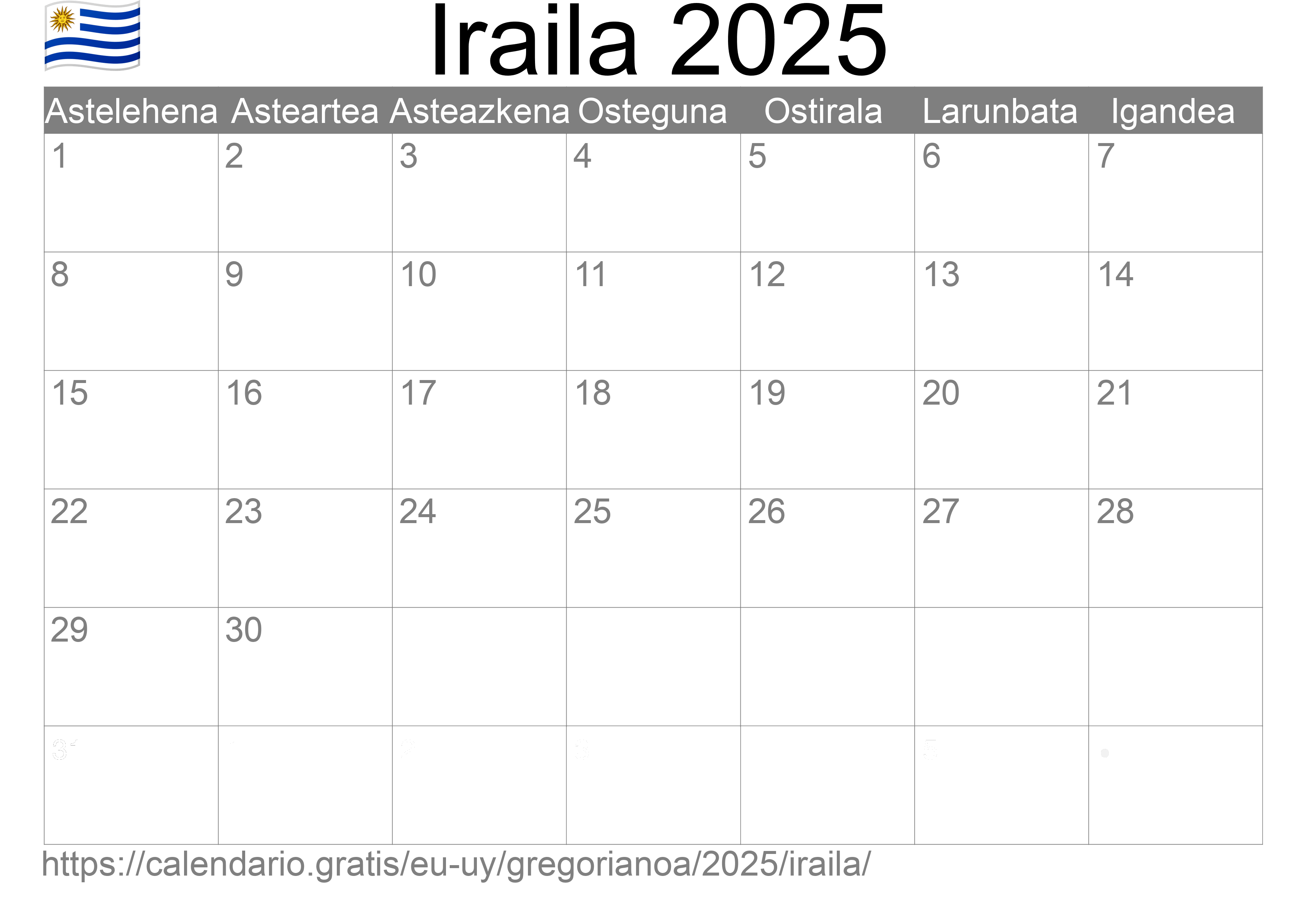 2025ko Iraila egutegia inprimatzeko