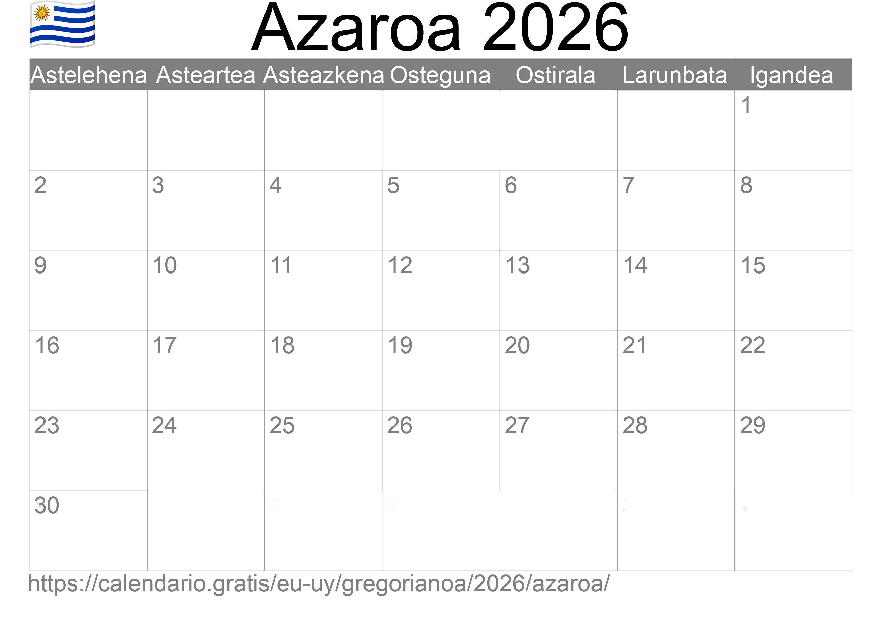 2026ko Azaroa egutegia inprimatzeko