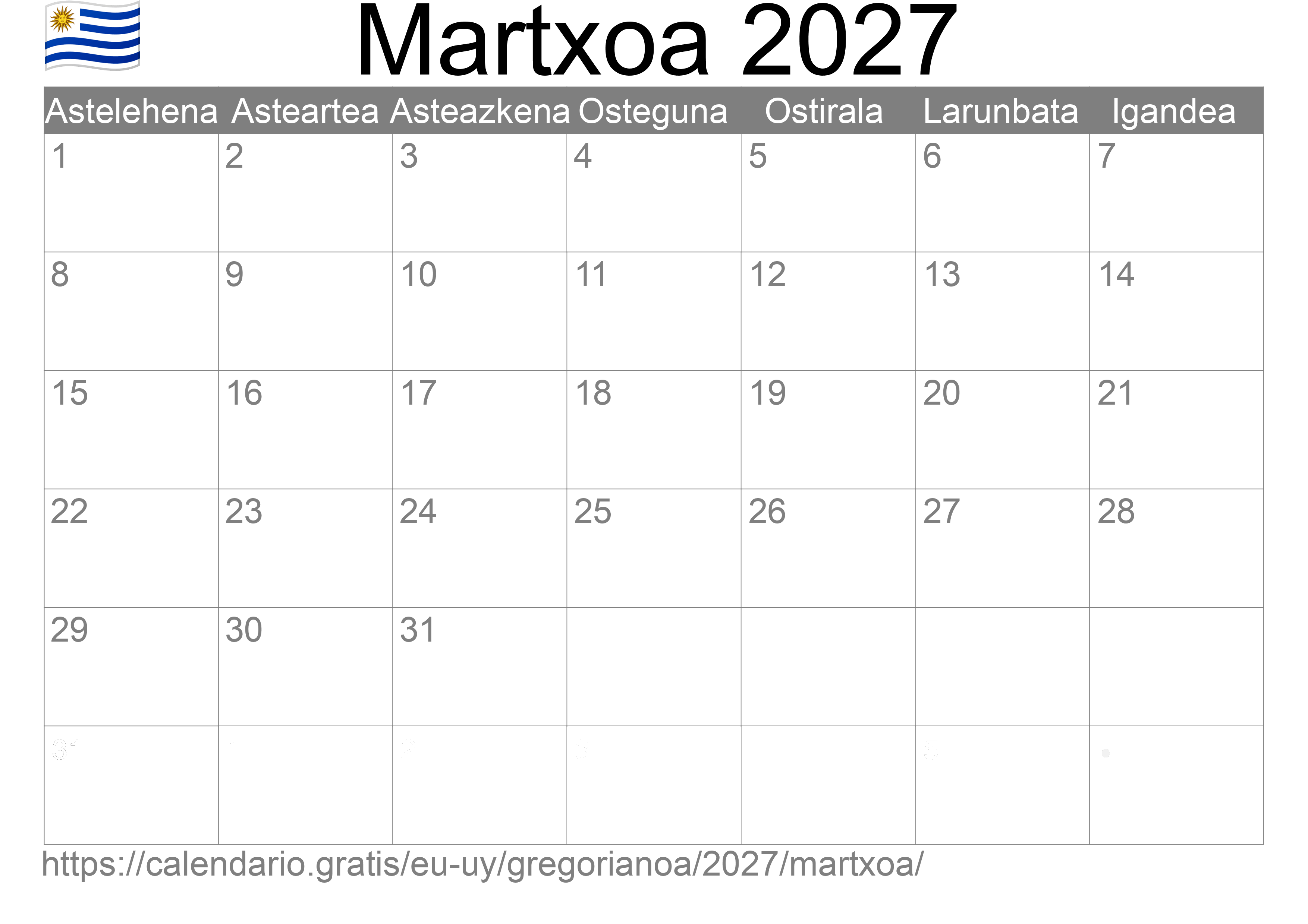 2027ko Martxoa egutegia inprimatzeko