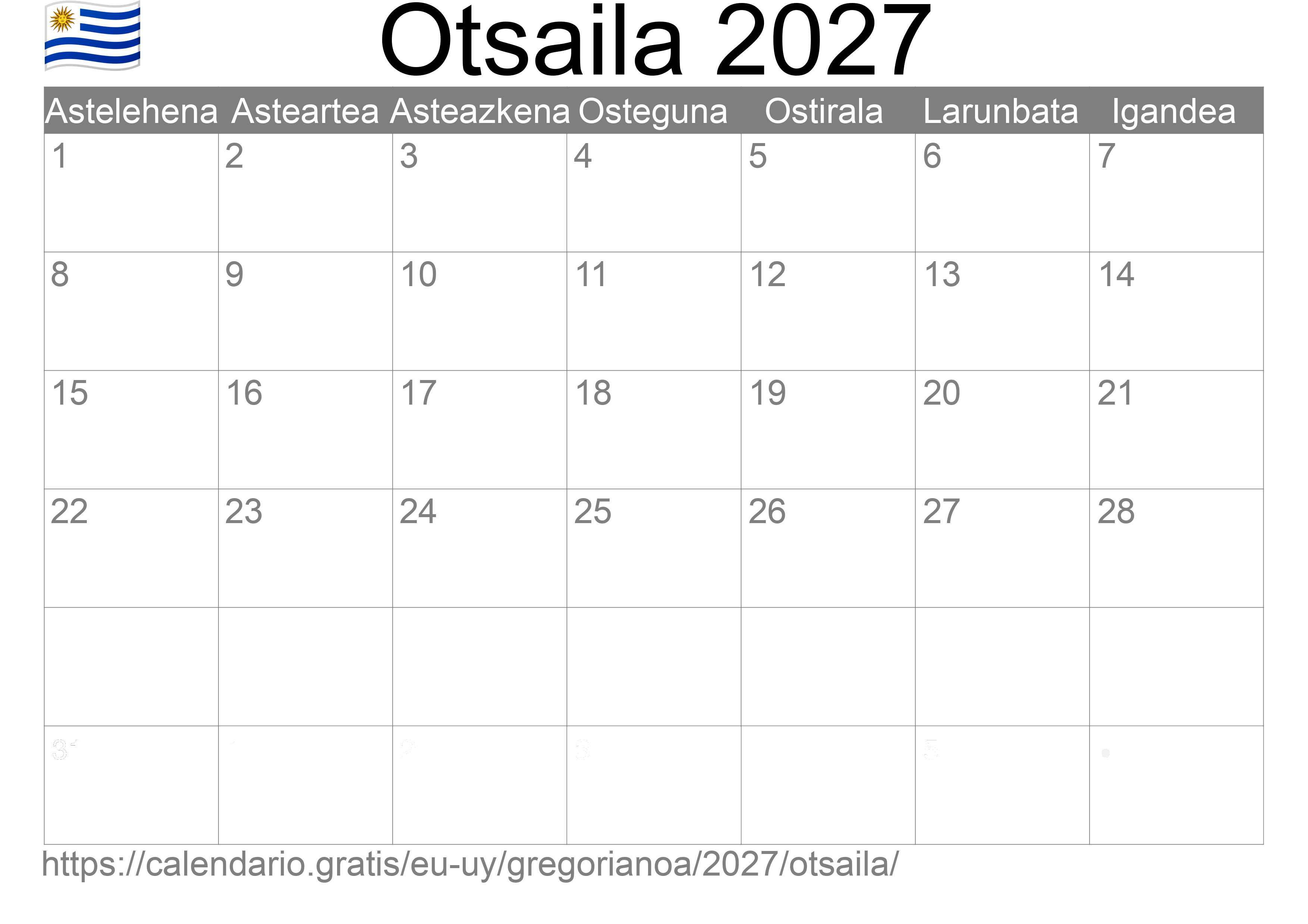 2027ko Otsaila egutegia inprimatzeko