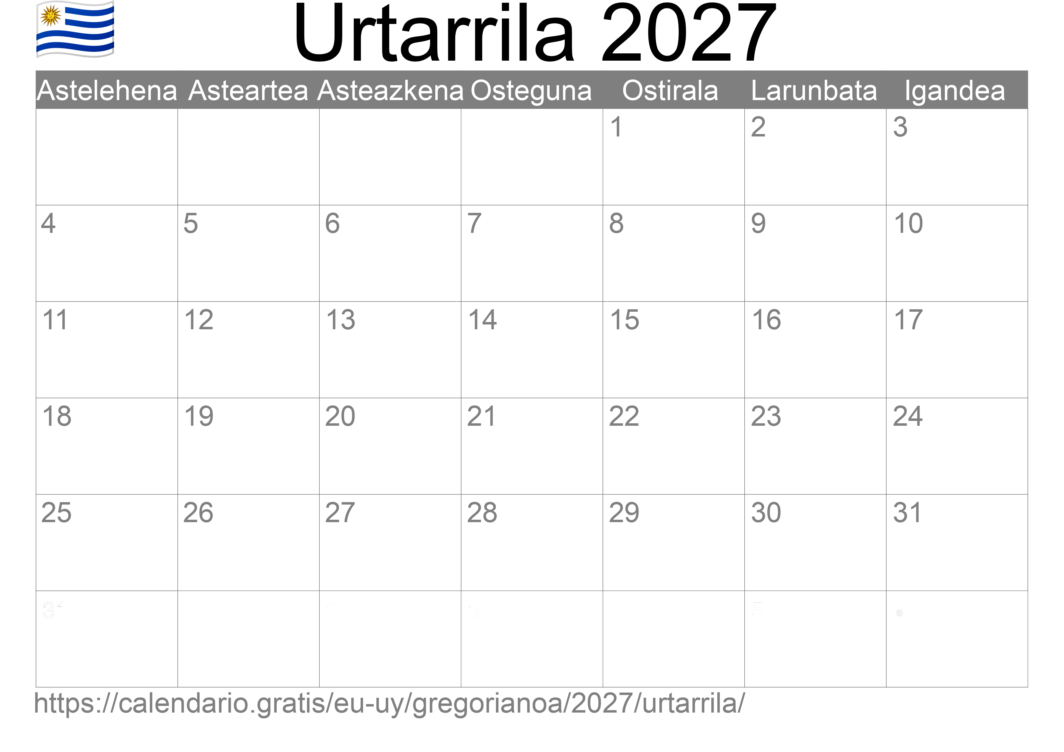 2027ko Urtarrila egutegia inprimatzeko