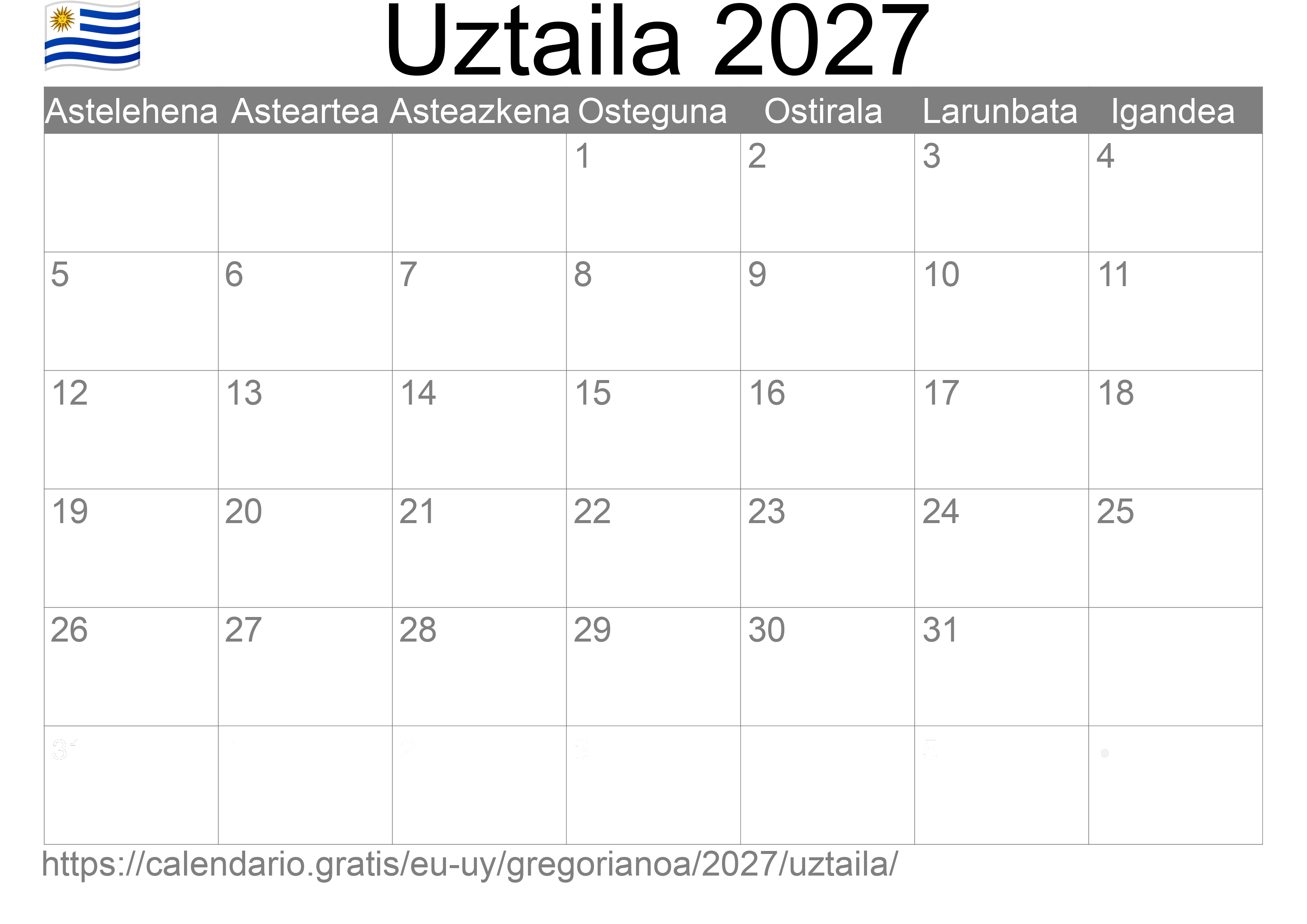 2027ko Uztaila egutegia inprimatzeko