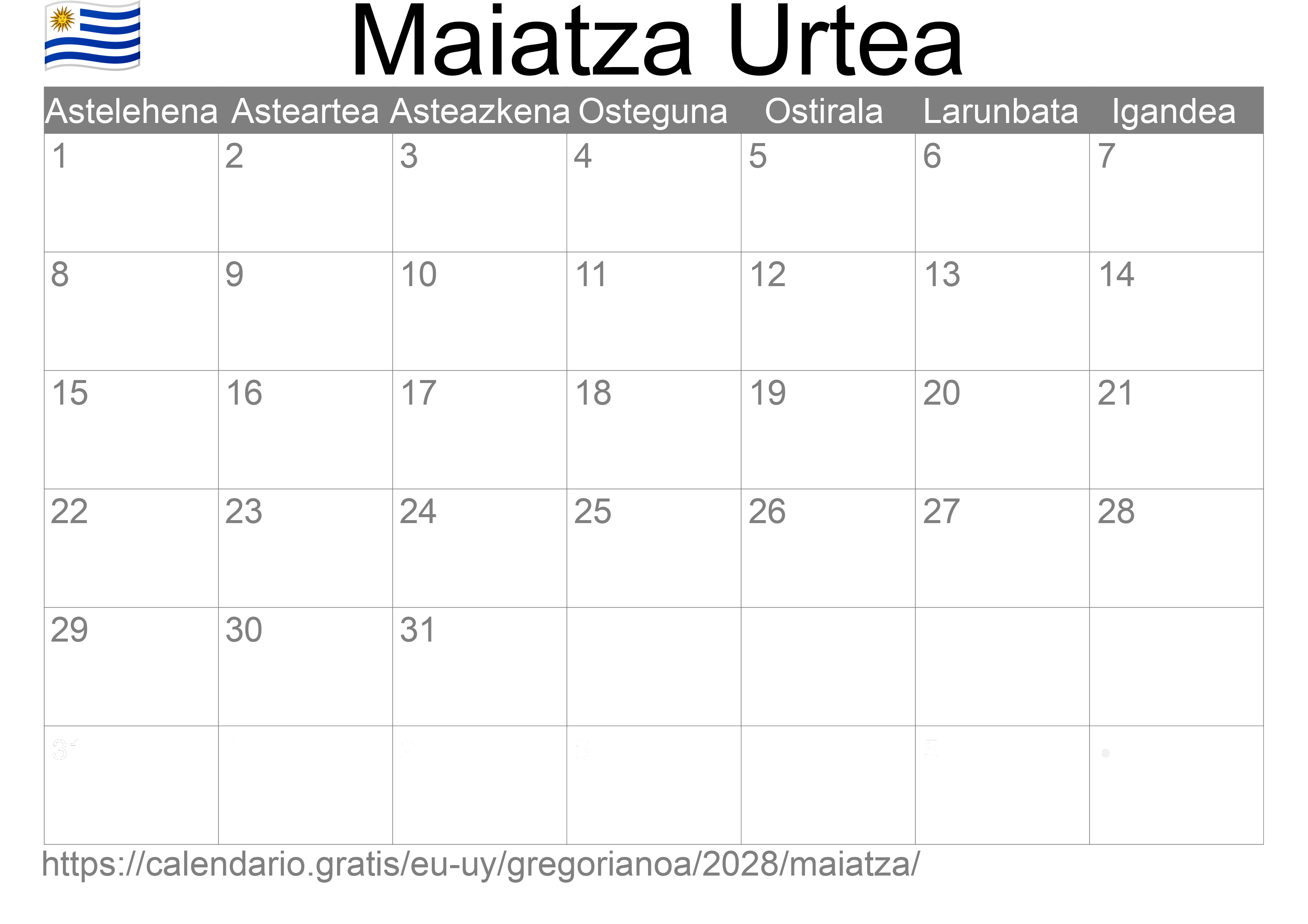 2028ko Maiatza egutegia inprimatzeko