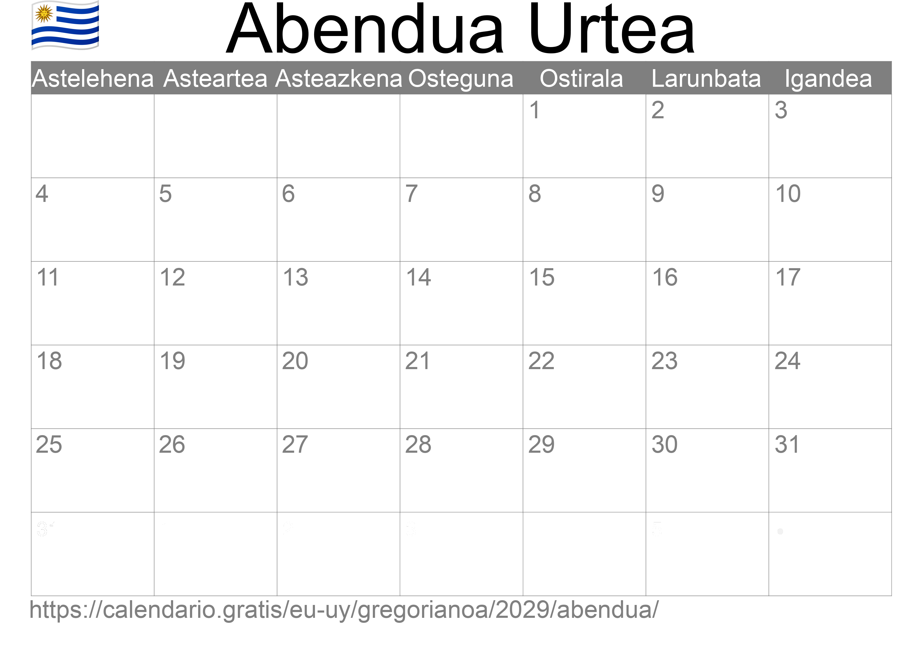 2029ko Abendua egutegia inprimatzeko