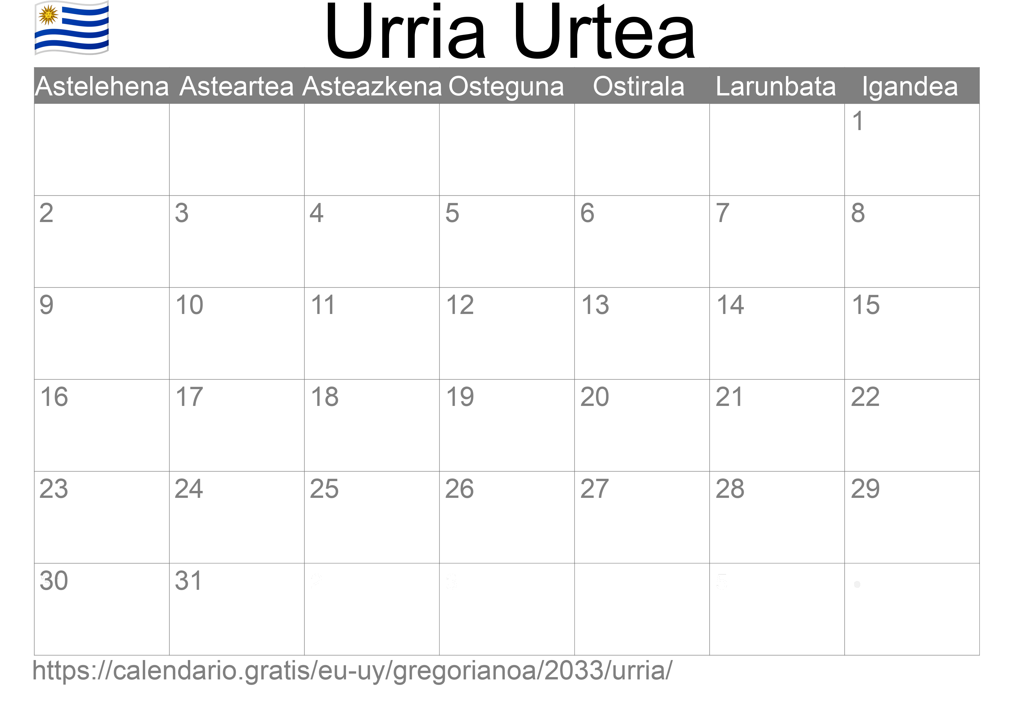 2033ko Urria egutegia inprimatzeko