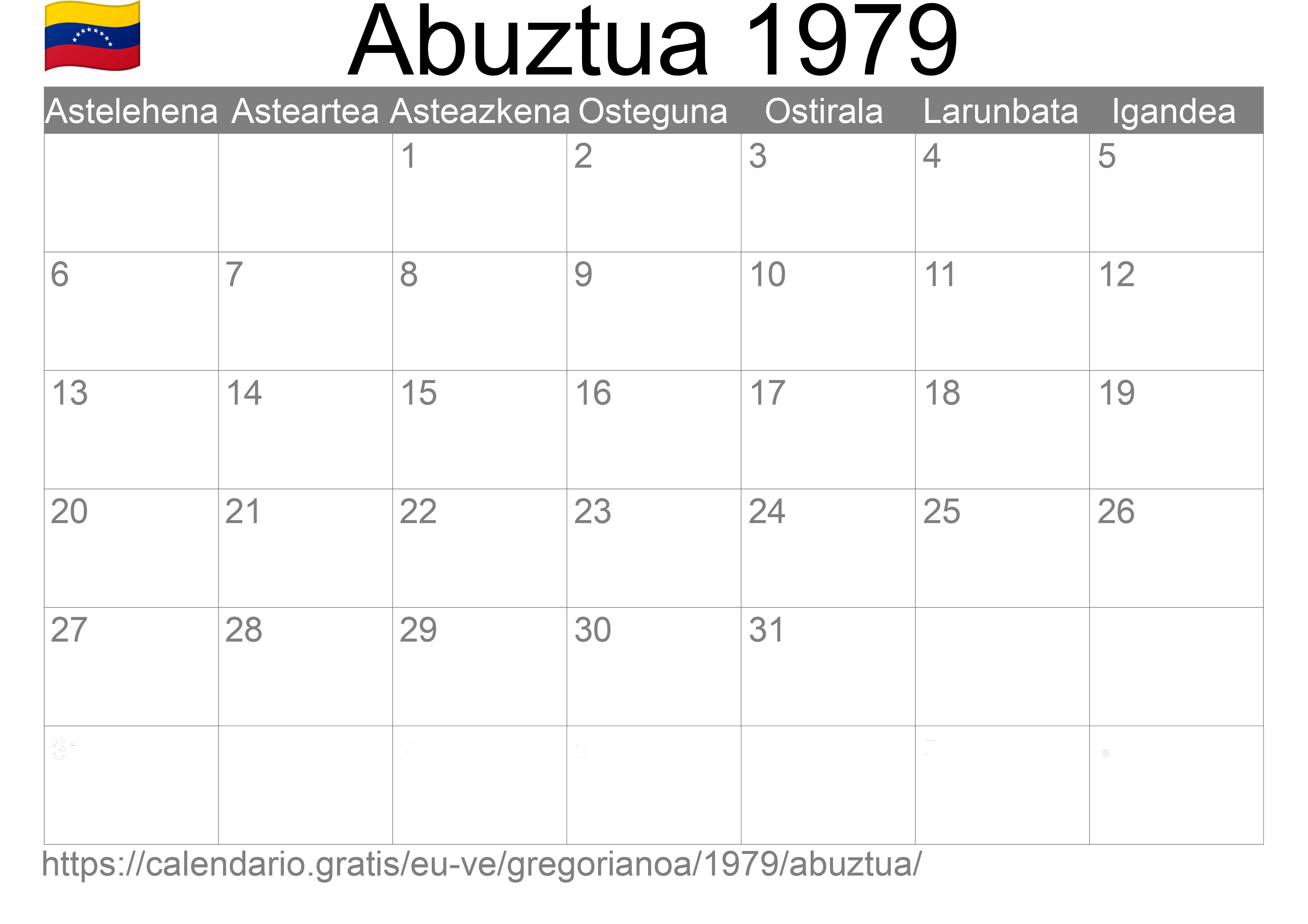 1979ko Abuztua egutegia inprimatzeko