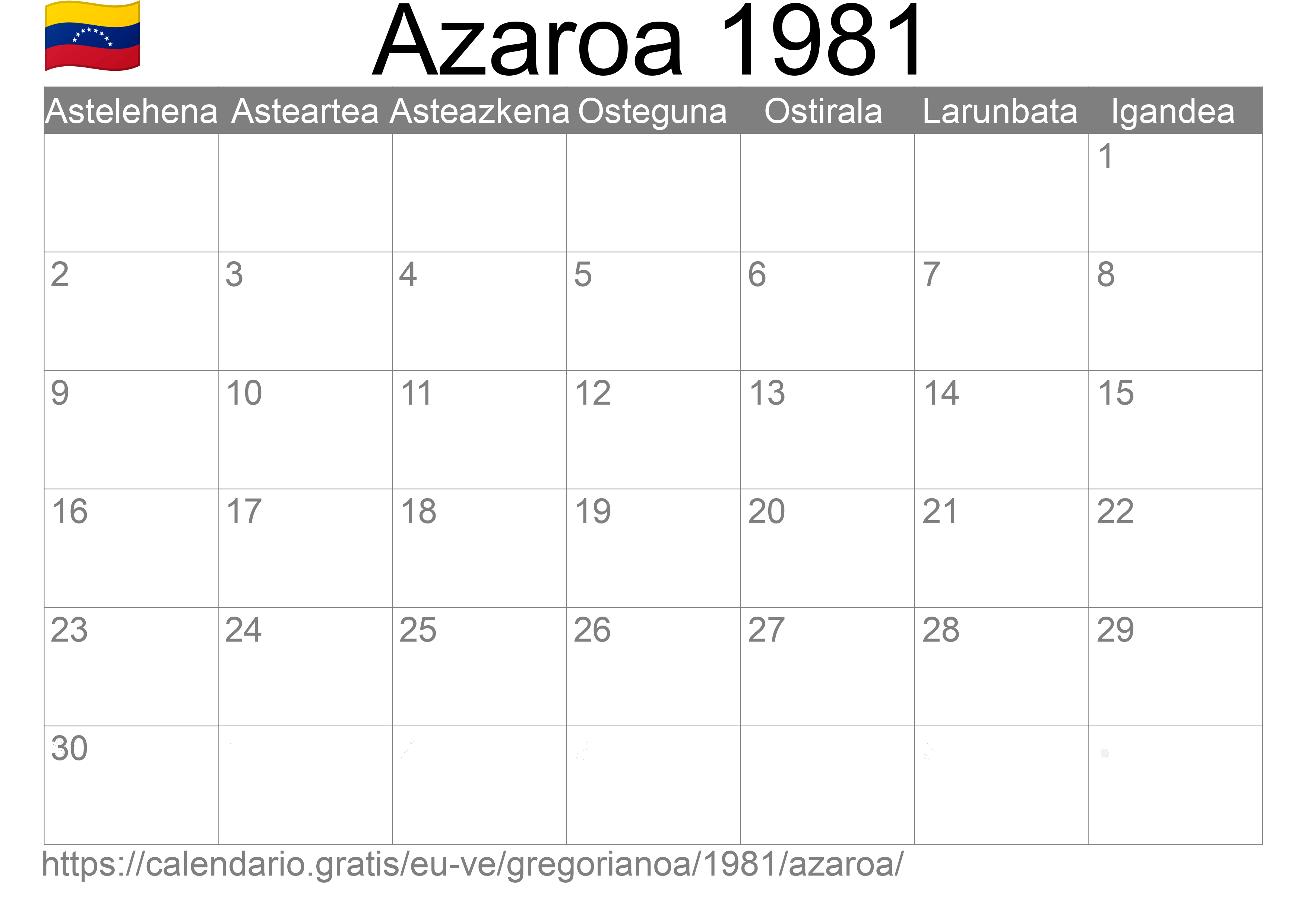 1981ko Azaroa egutegia inprimatzeko