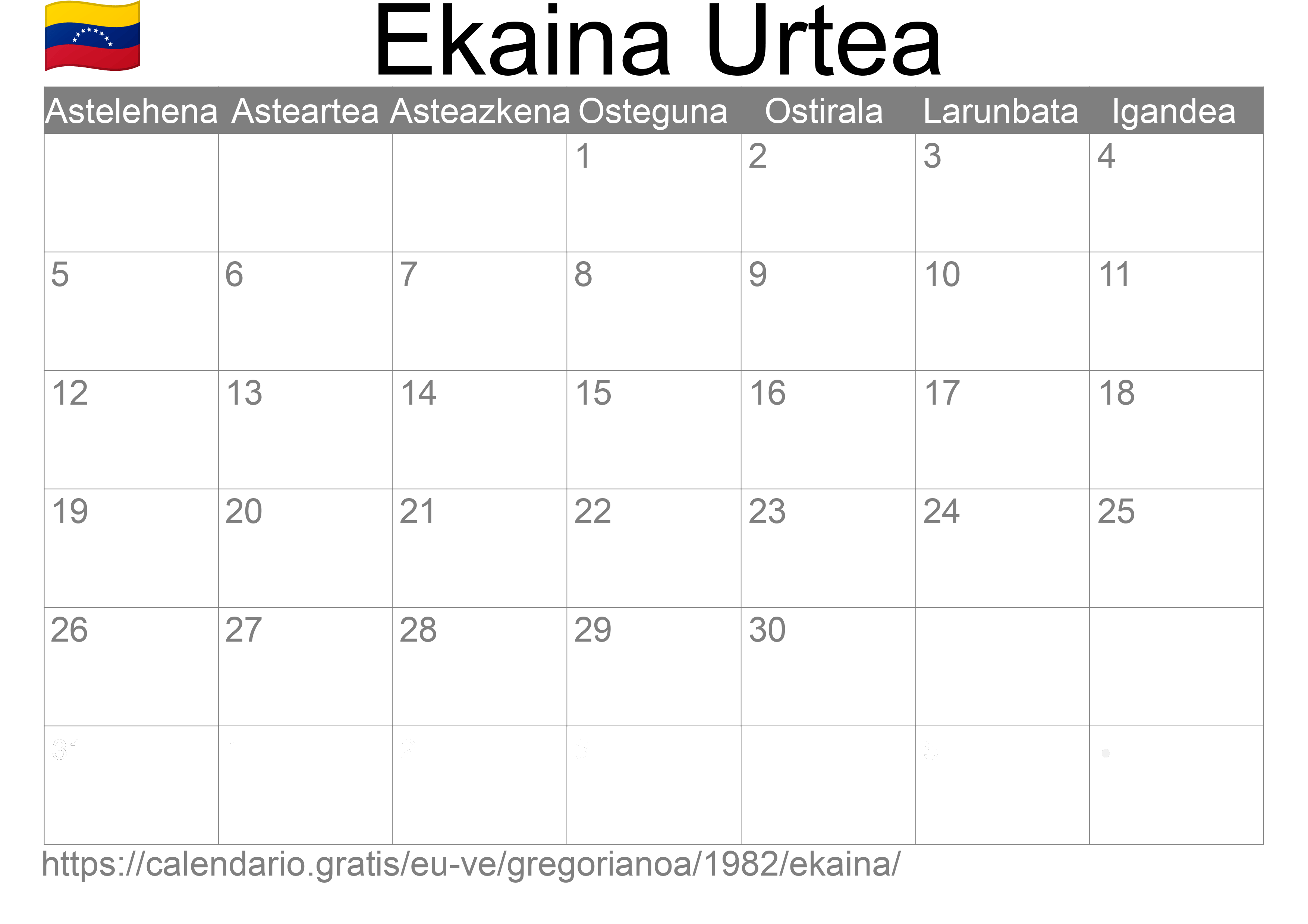 1982ko Ekaina egutegia inprimatzeko