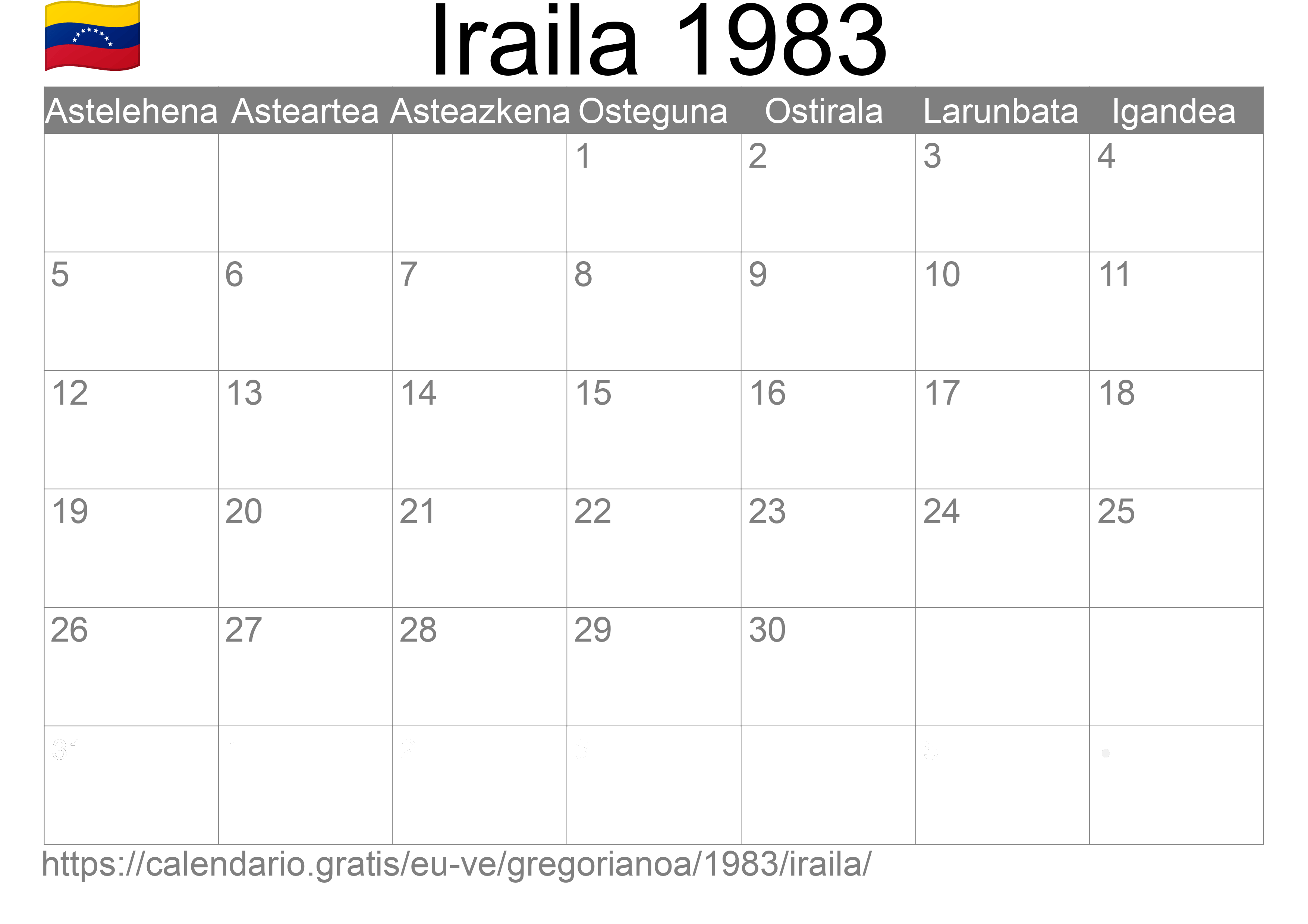 1983ko Iraila egutegia inprimatzeko