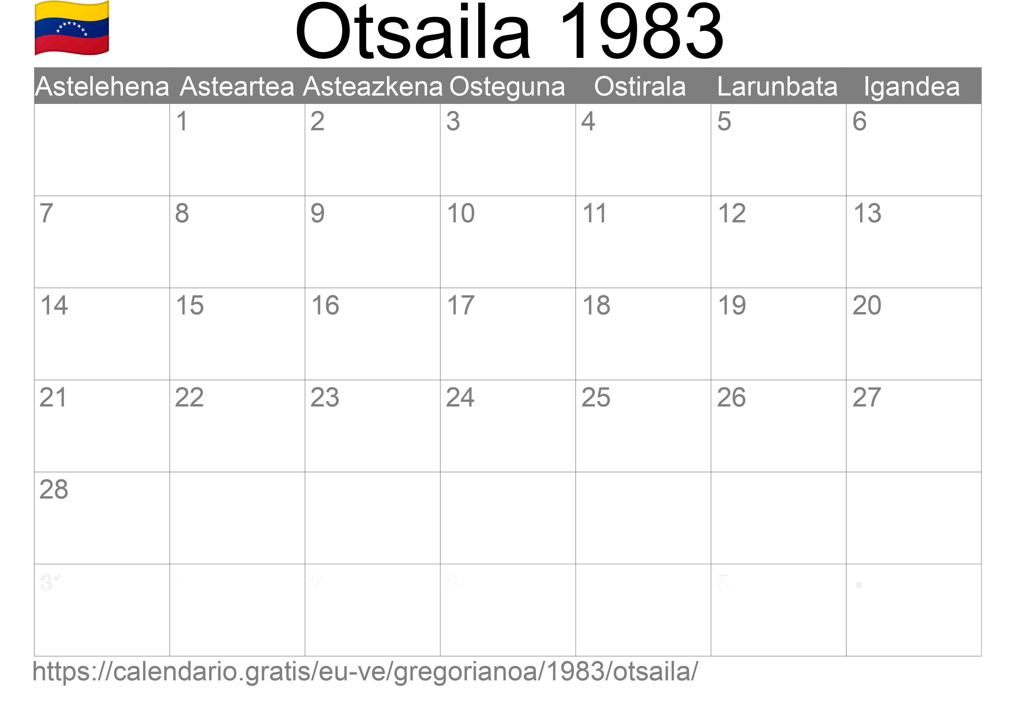 1983ko Otsaila egutegia inprimatzeko