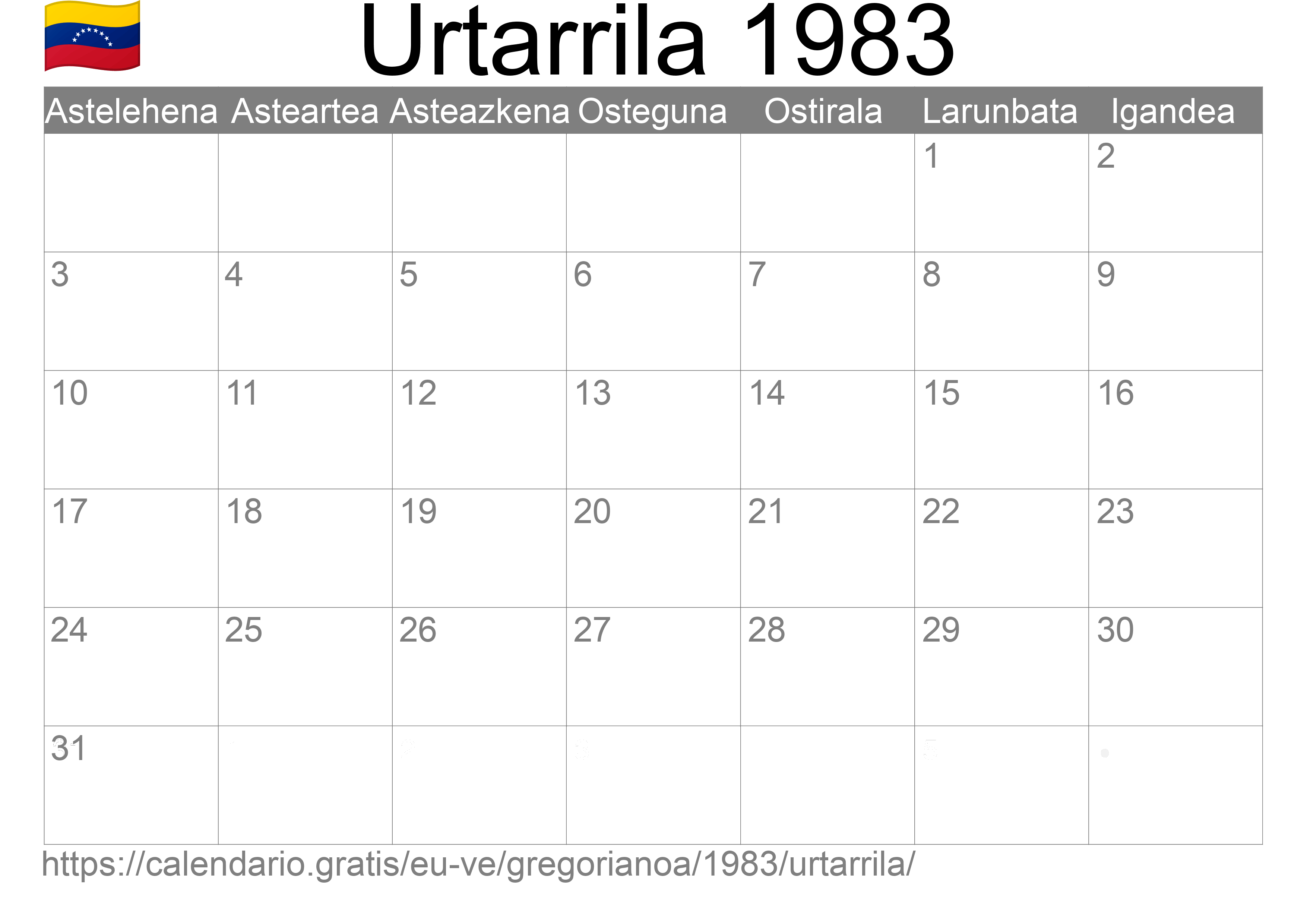 1983ko Urtarrila egutegia inprimatzeko