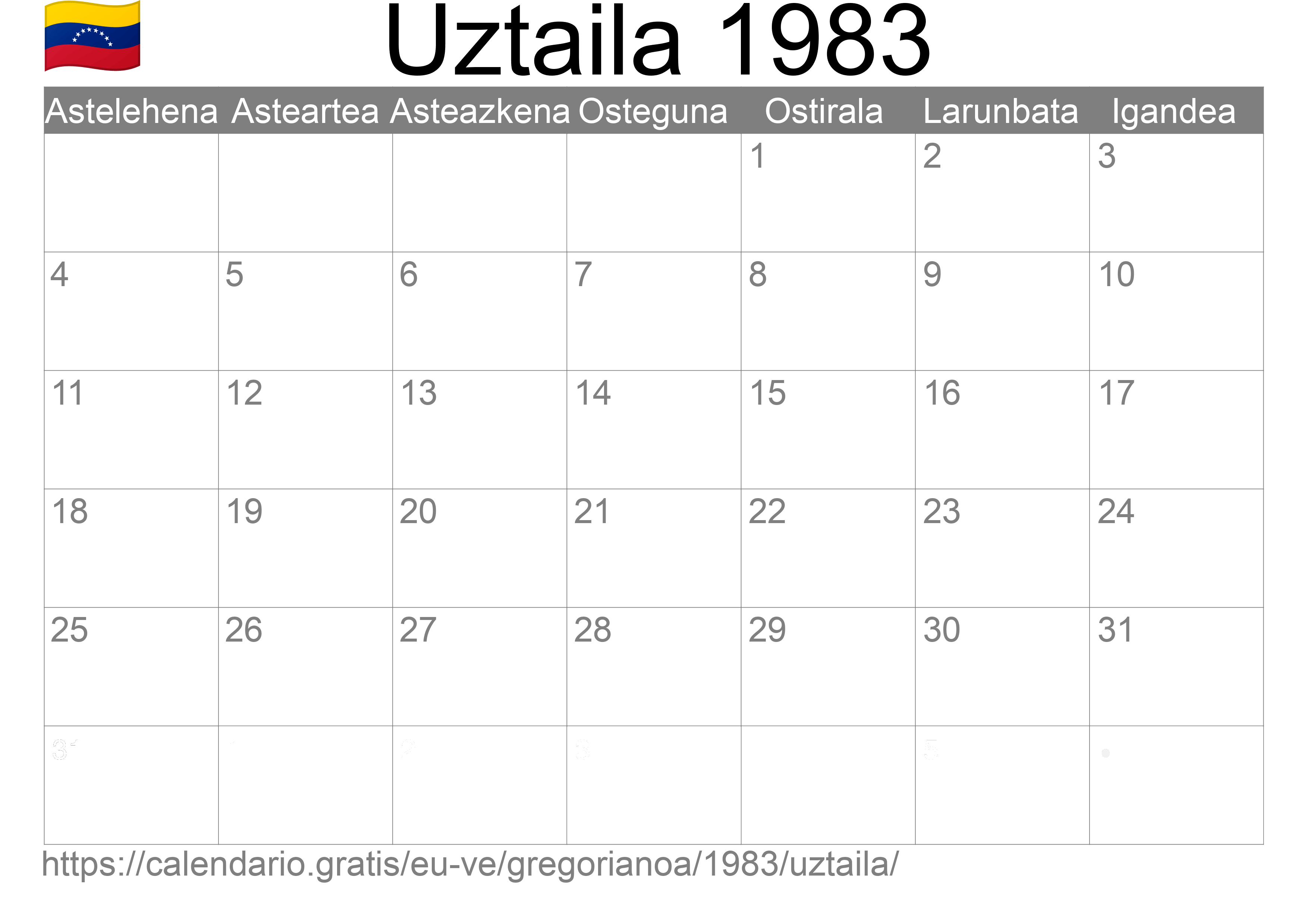 1983ko Uztaila egutegia inprimatzeko