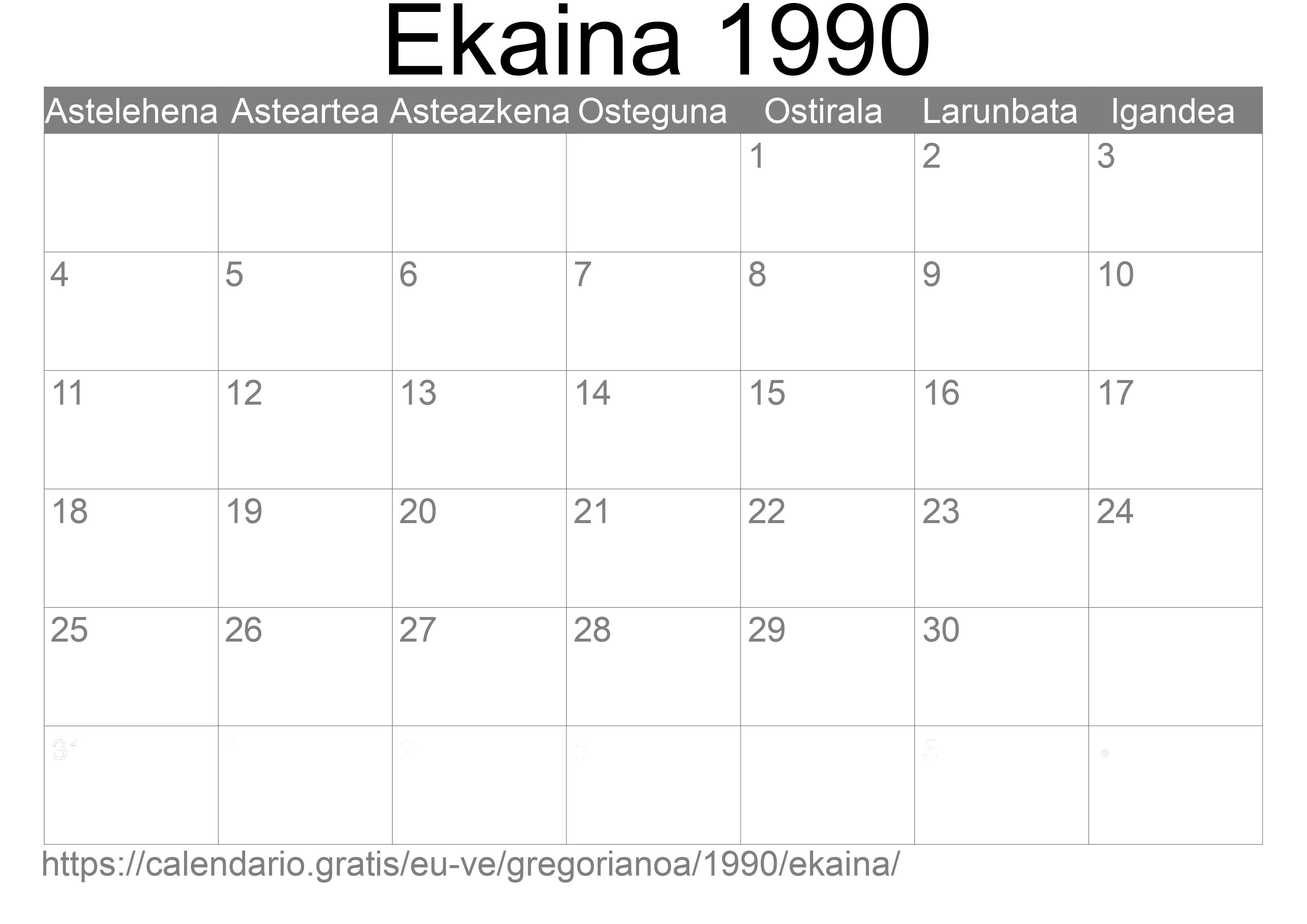 1990ko Ekaina egutegia inprimatzeko (Venezuela)