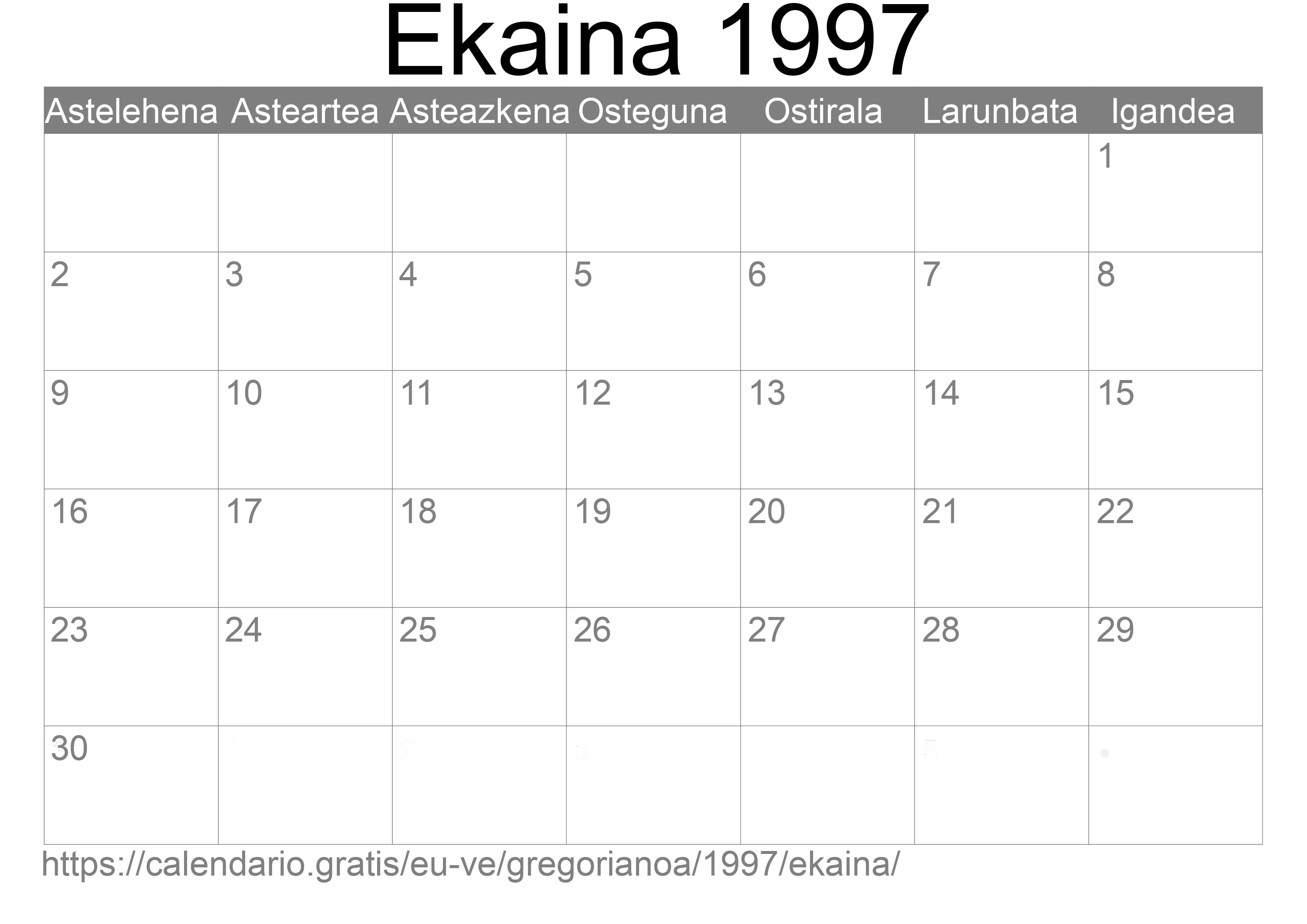 1997ko Ekaina egutegia inprimatzeko (Venezuela)