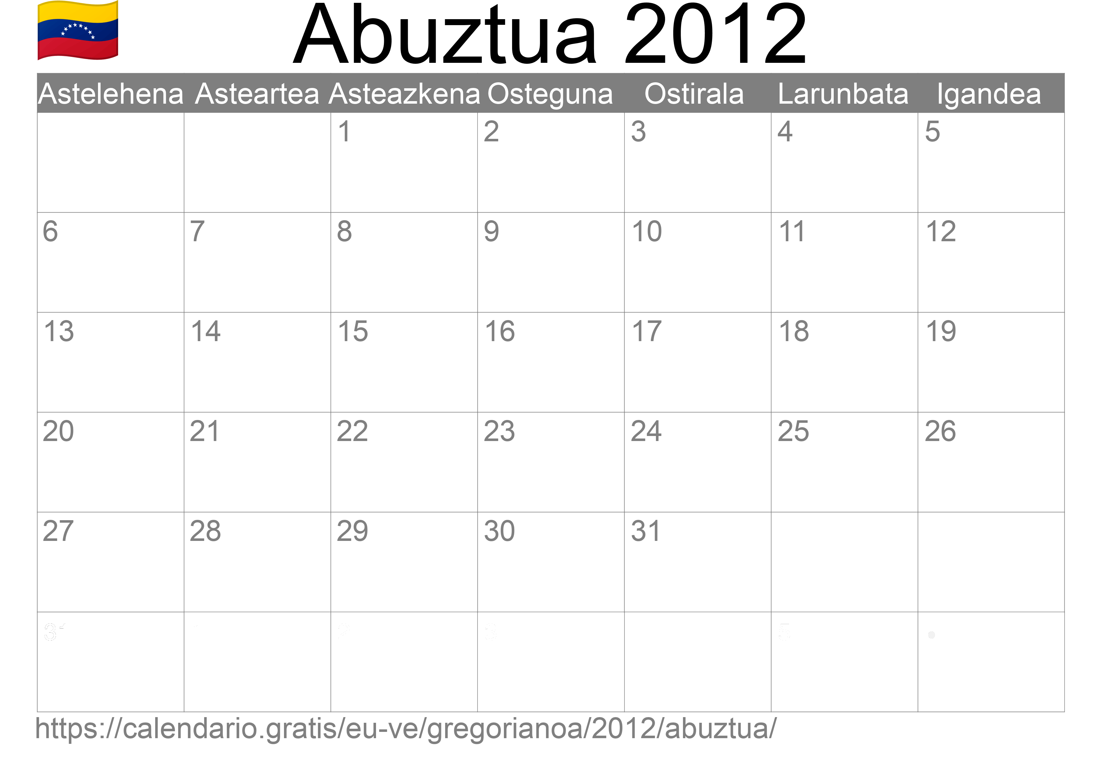 2012ko Abuztua egutegia inprimatzeko