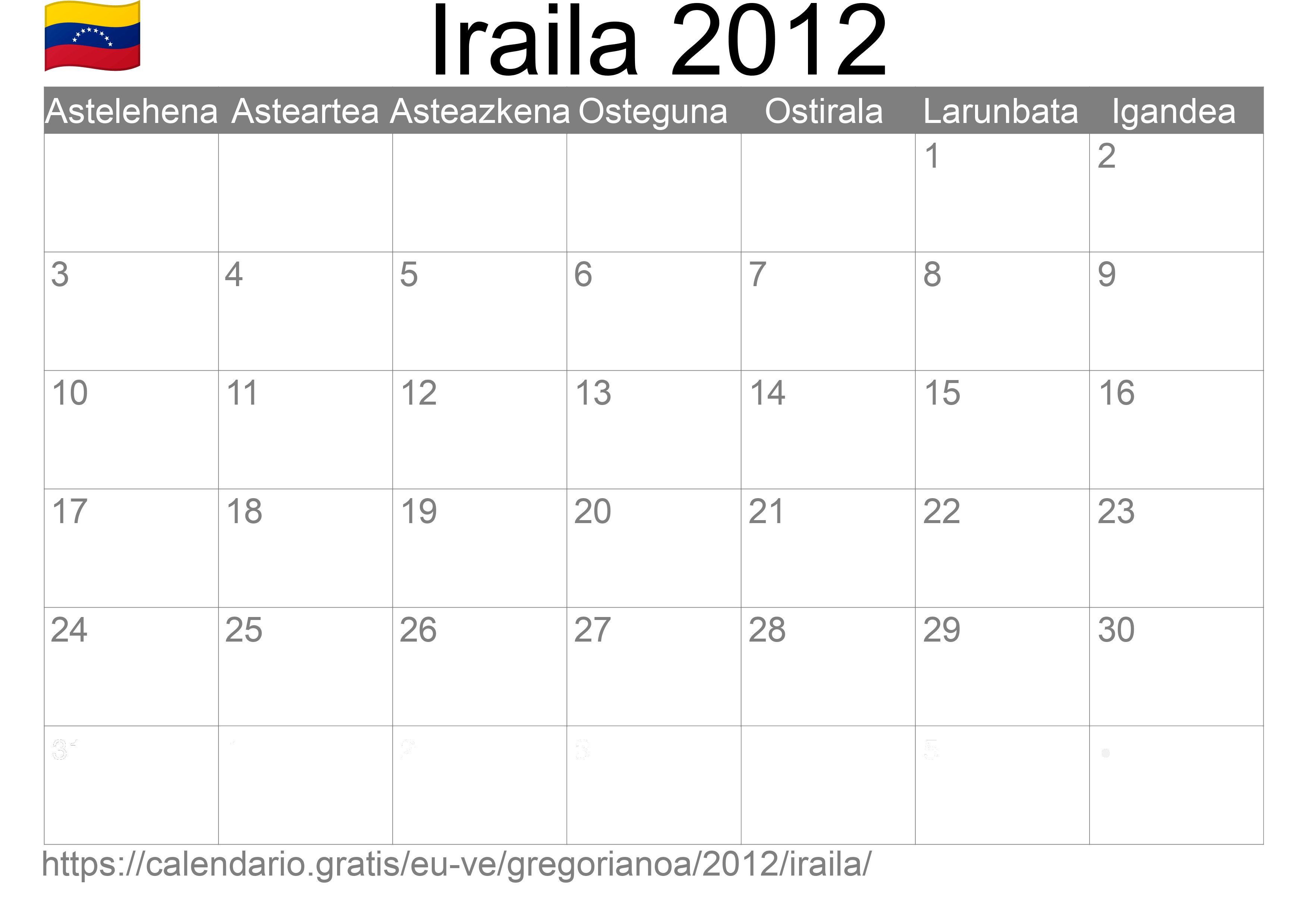 2012ko Iraila egutegia inprimatzeko