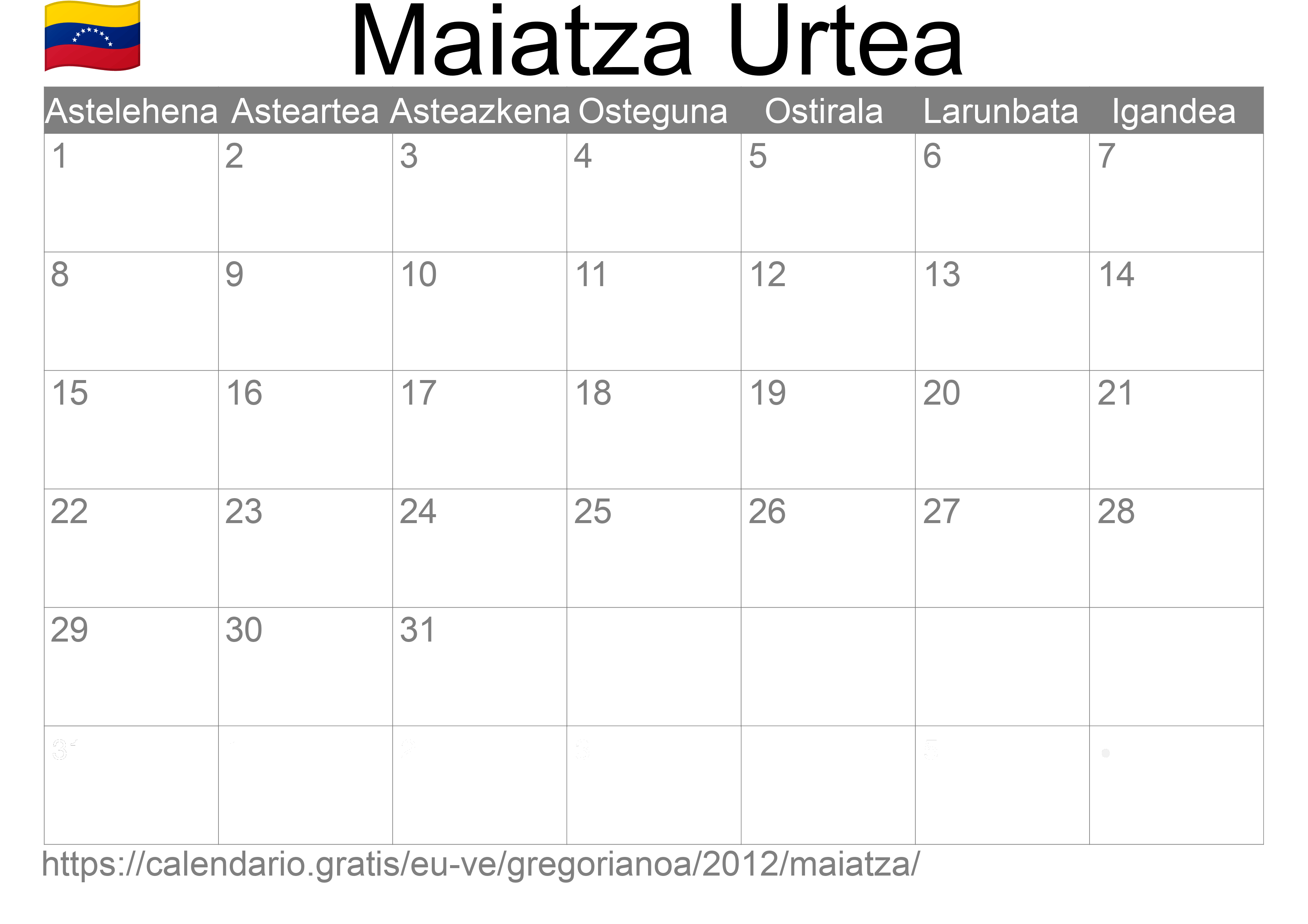 2012ko Maiatza egutegia inprimatzeko