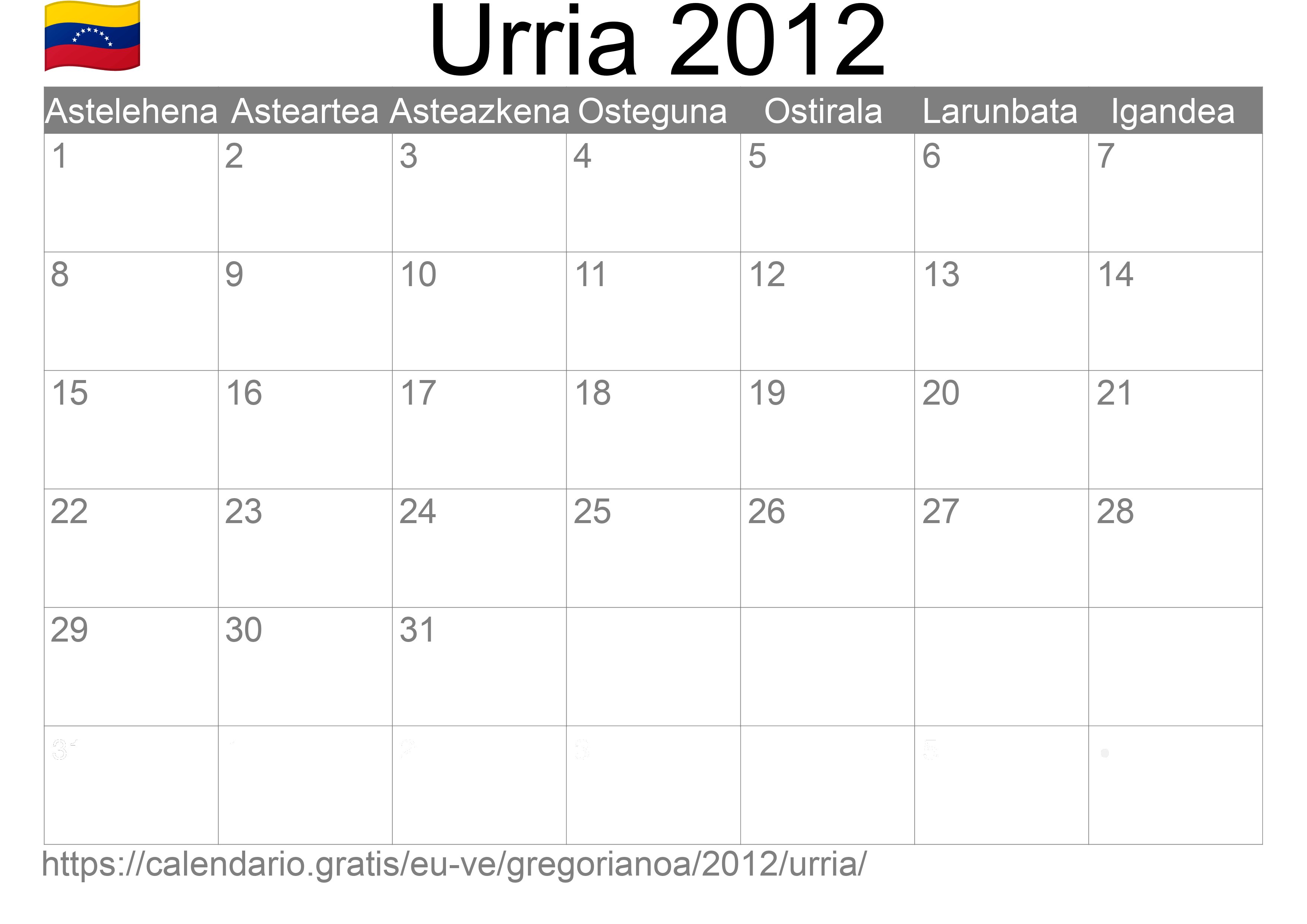 2012ko Urria egutegia inprimatzeko