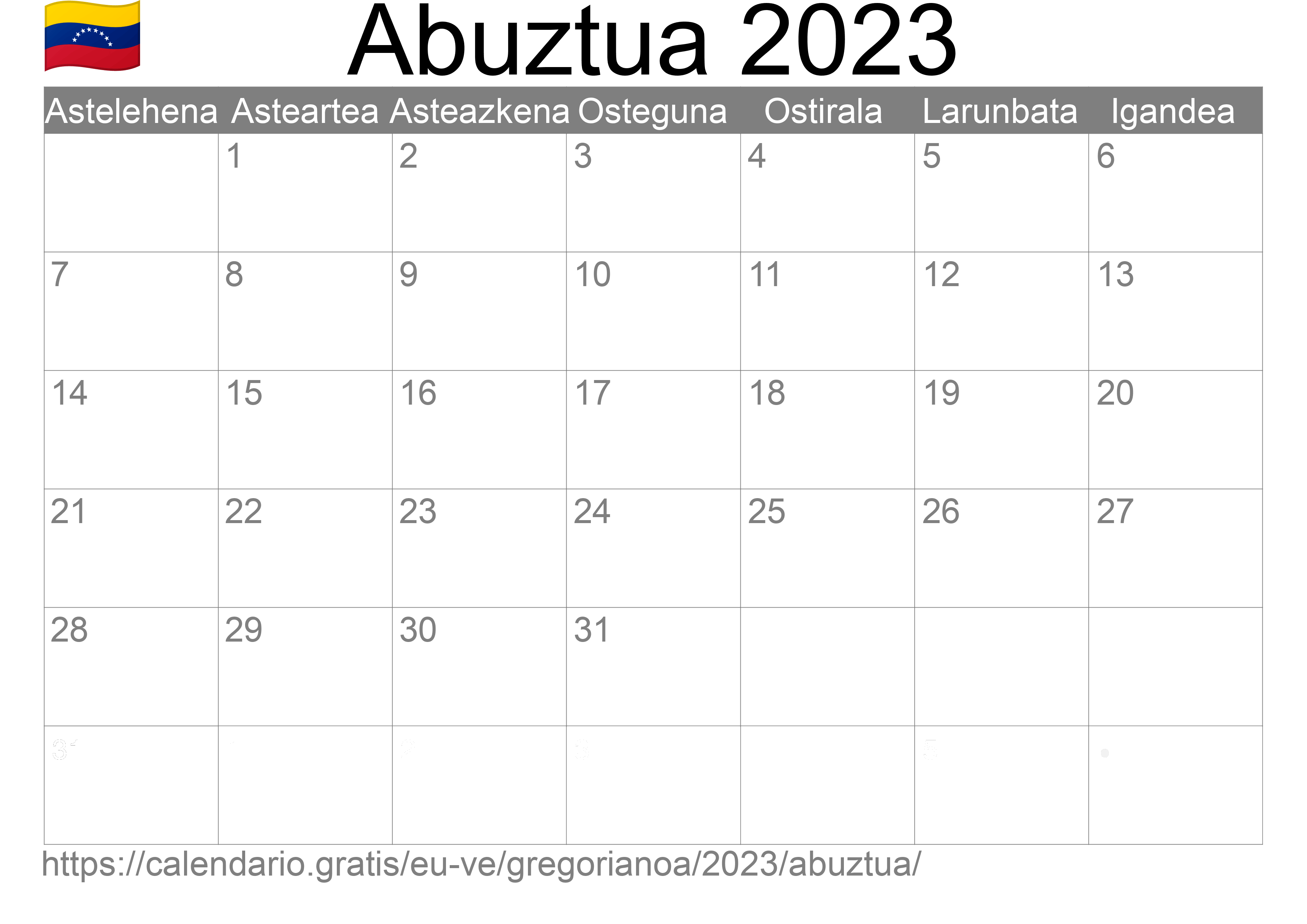 2023ko Abuztua egutegia inprimatzeko