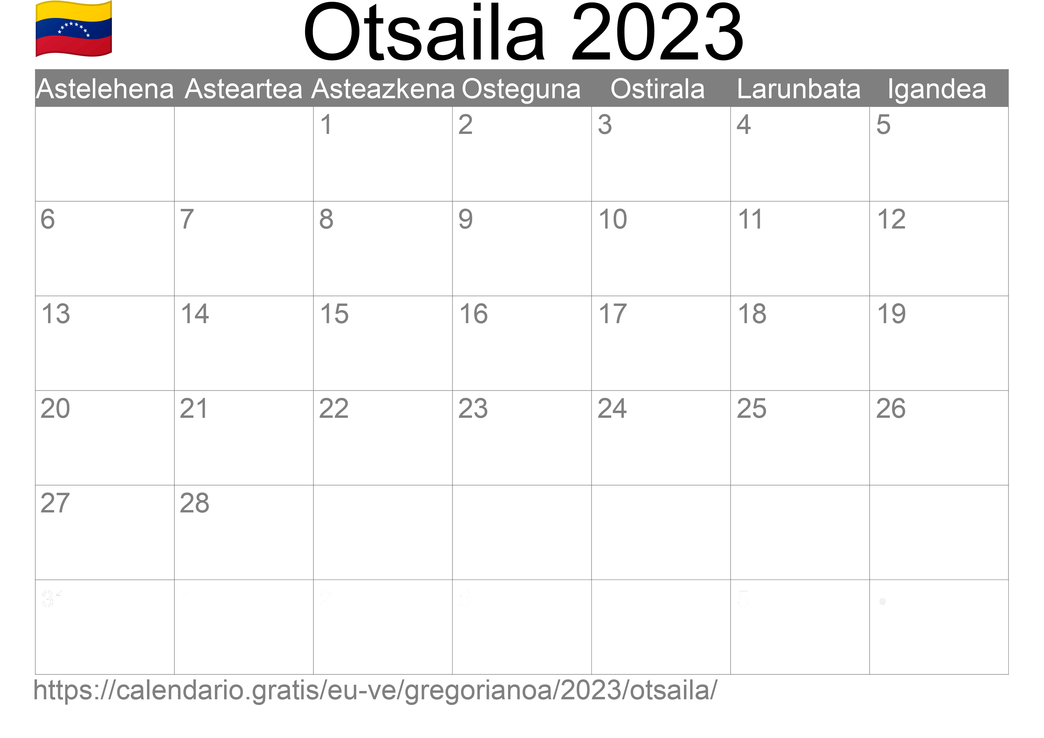 2023ko Otsaila egutegia inprimatzeko