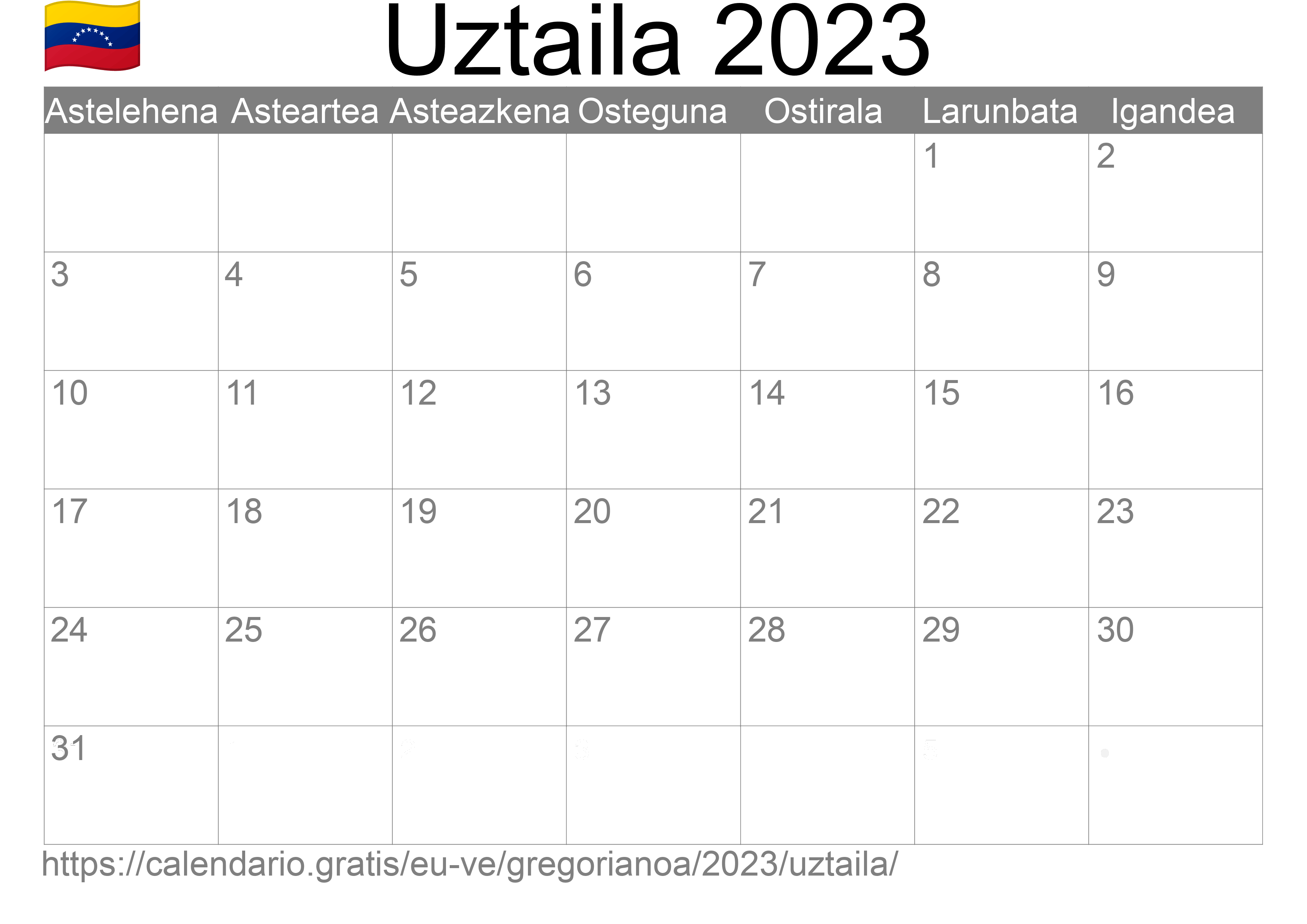 2023ko Uztaila egutegia inprimatzeko