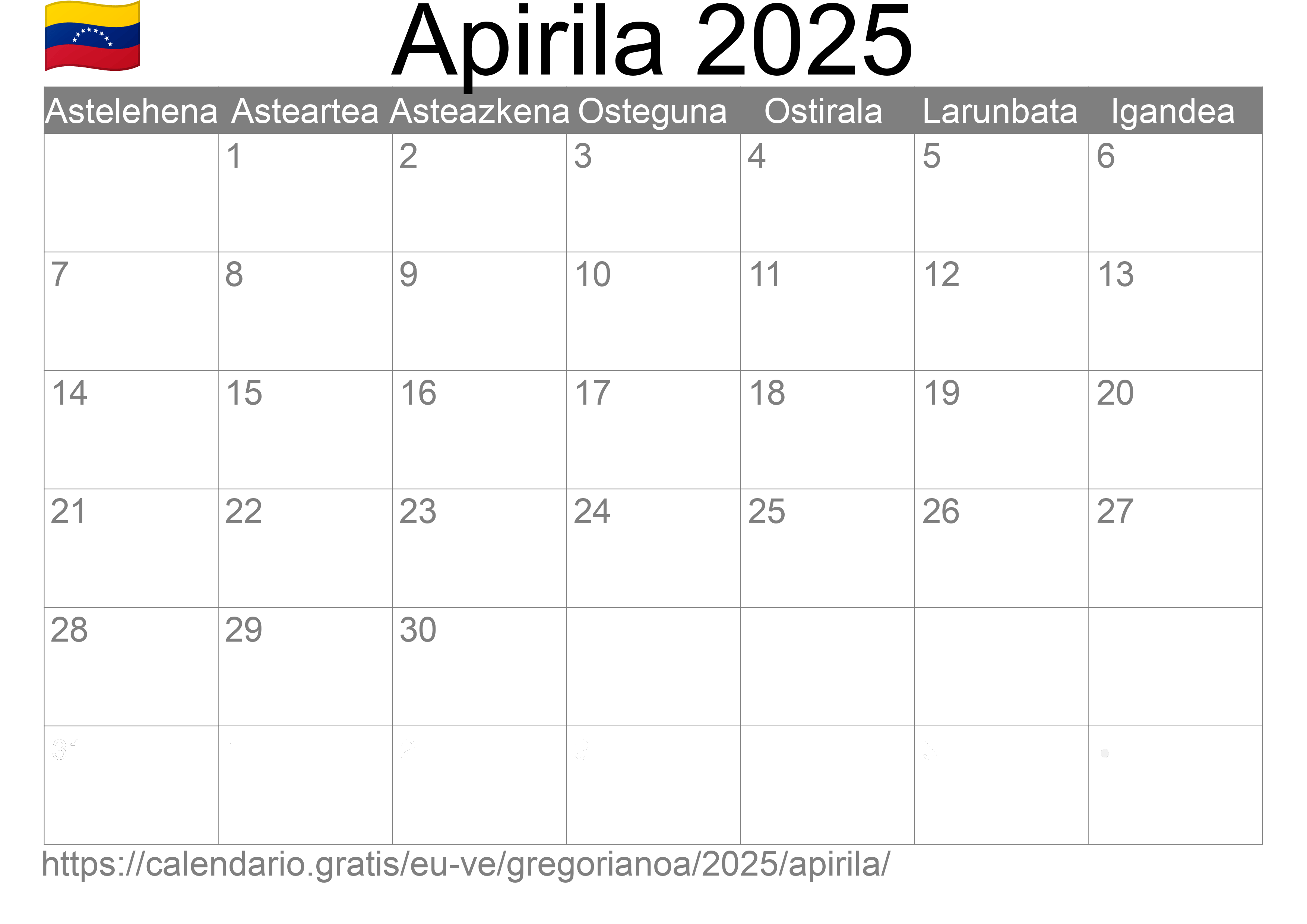 2025ko Apirila egutegia inprimatzeko