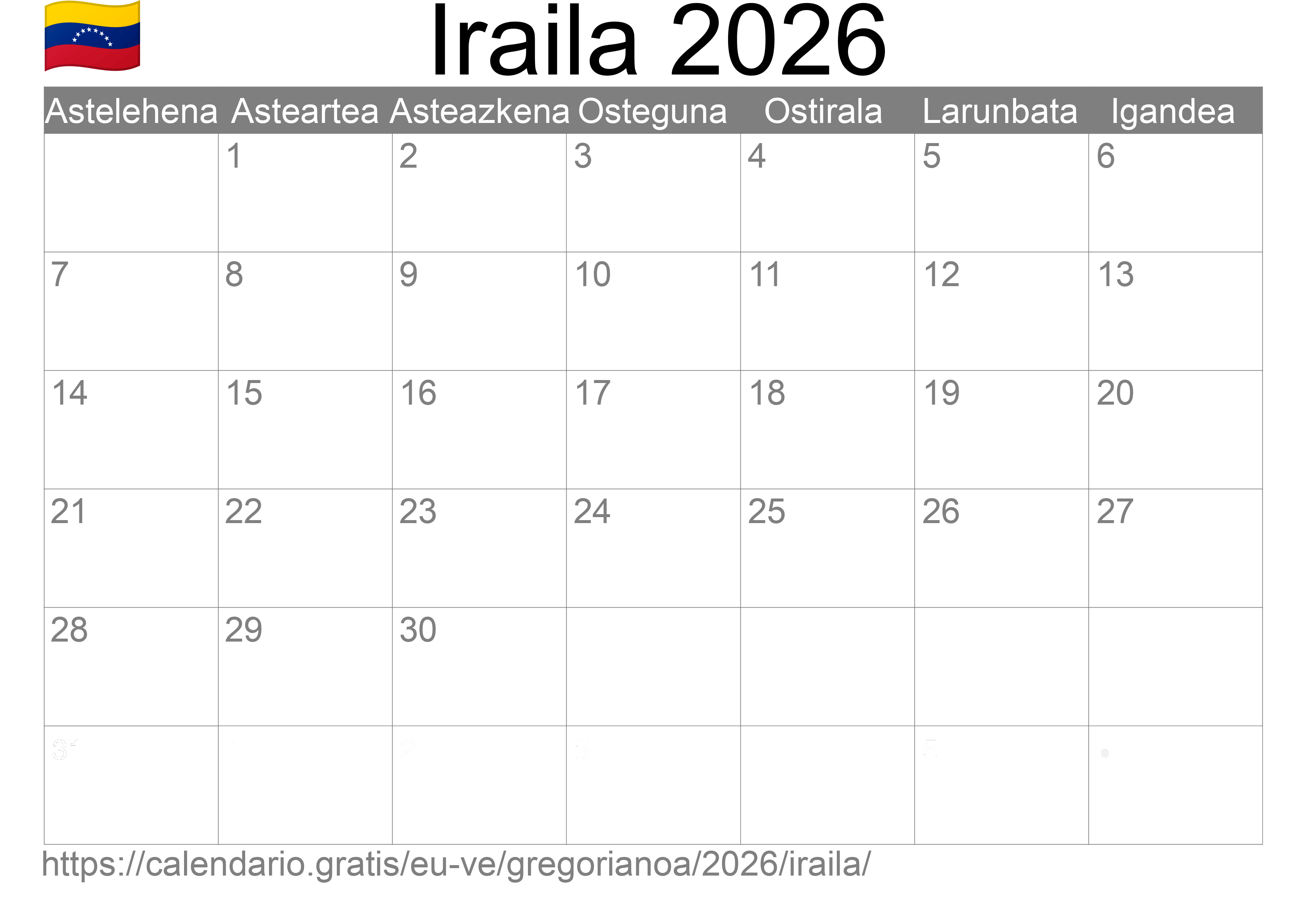 2026ko Iraila egutegia inprimatzeko