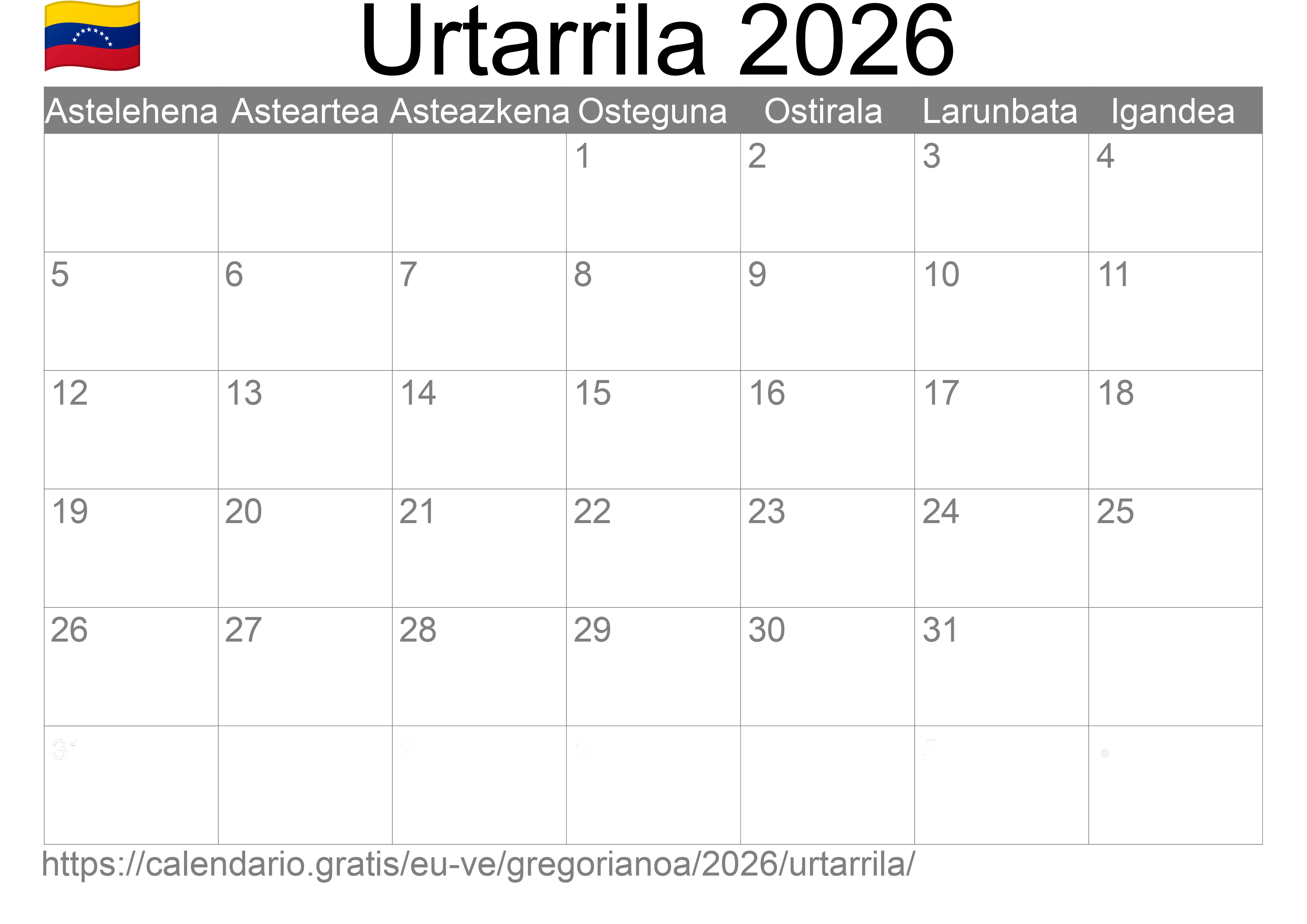 2026ko Urtarrila egutegia inprimatzeko