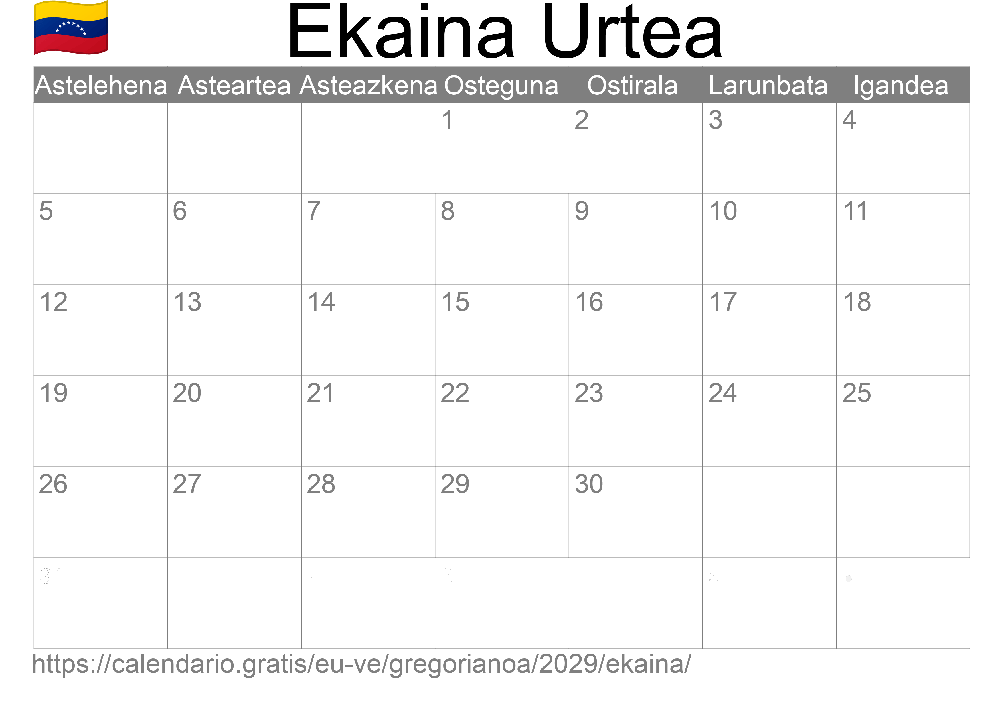 2029ko Ekaina egutegia inprimatzeko