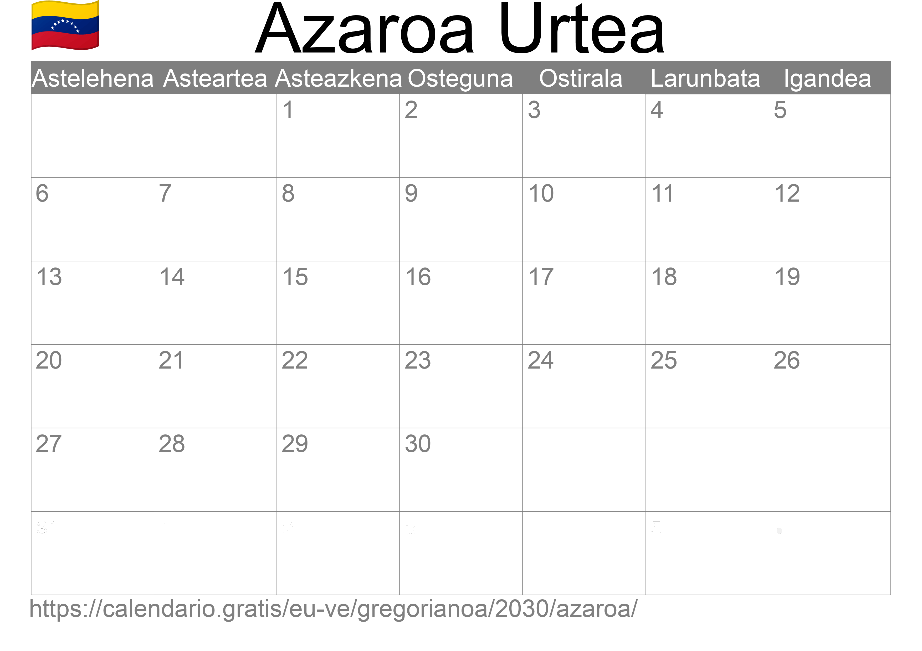 2030ko Azaroa egutegia inprimatzeko