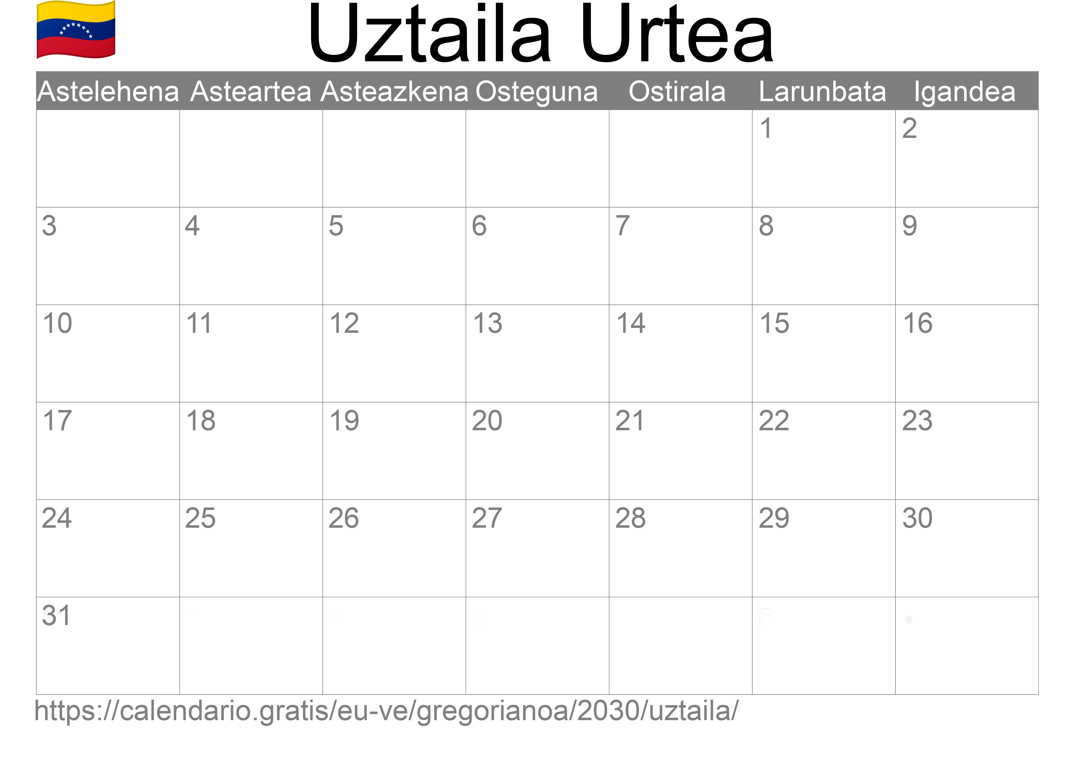 2030ko Uztaila egutegia inprimatzeko