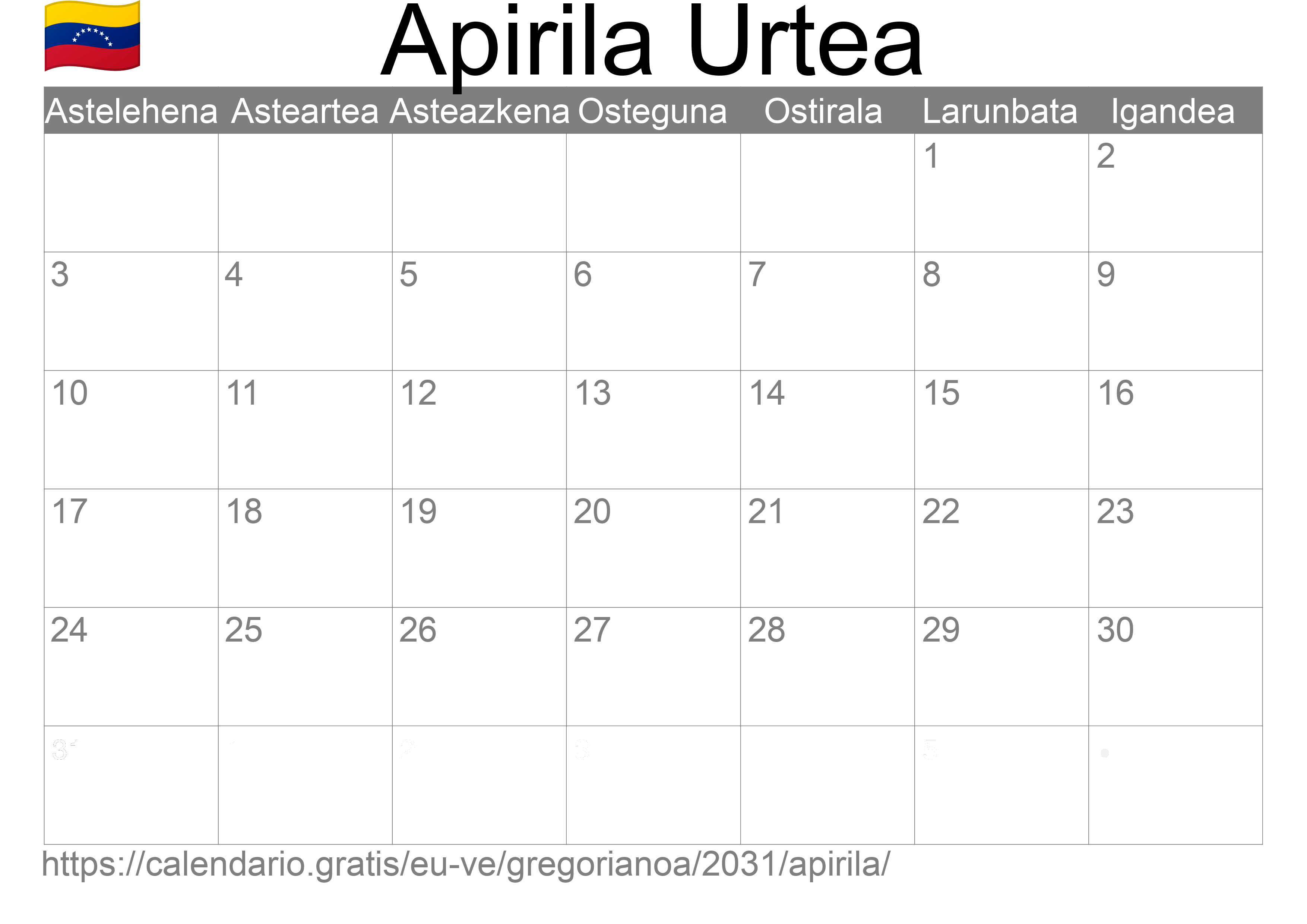 2031ko Apirila egutegia inprimatzeko