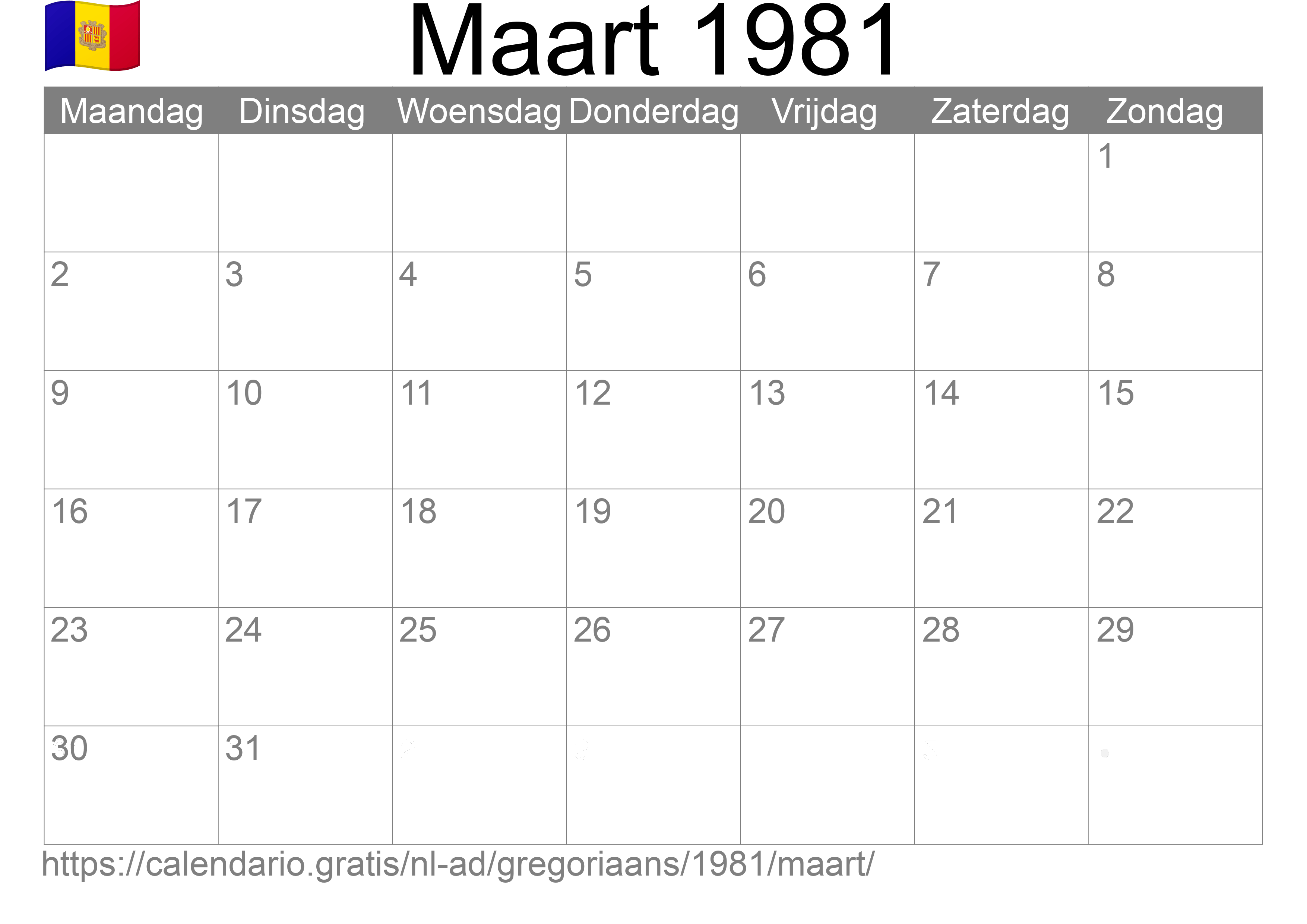 Kalender Maart 1981 om af te drukken