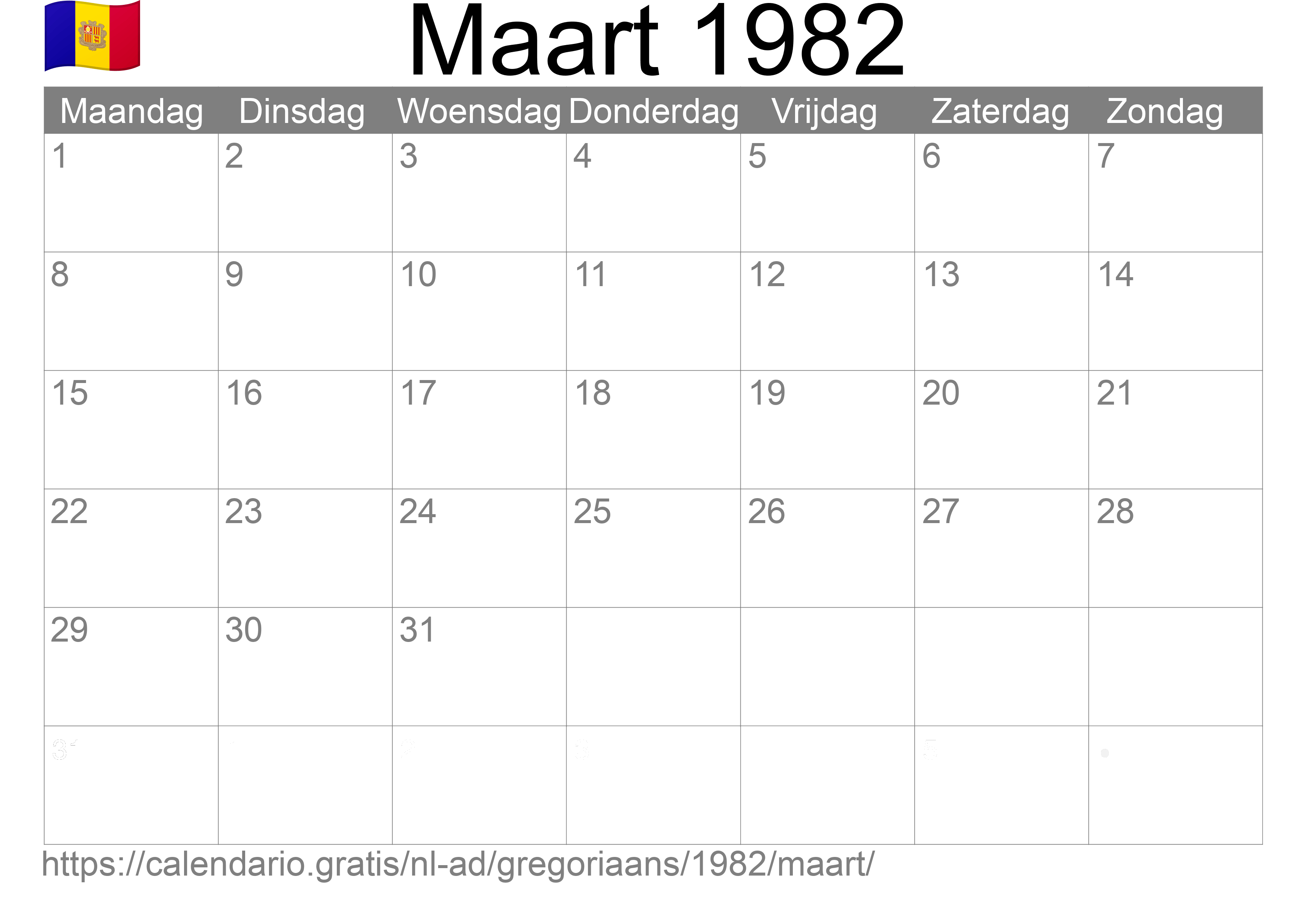 Kalender Maart 1982 om af te drukken