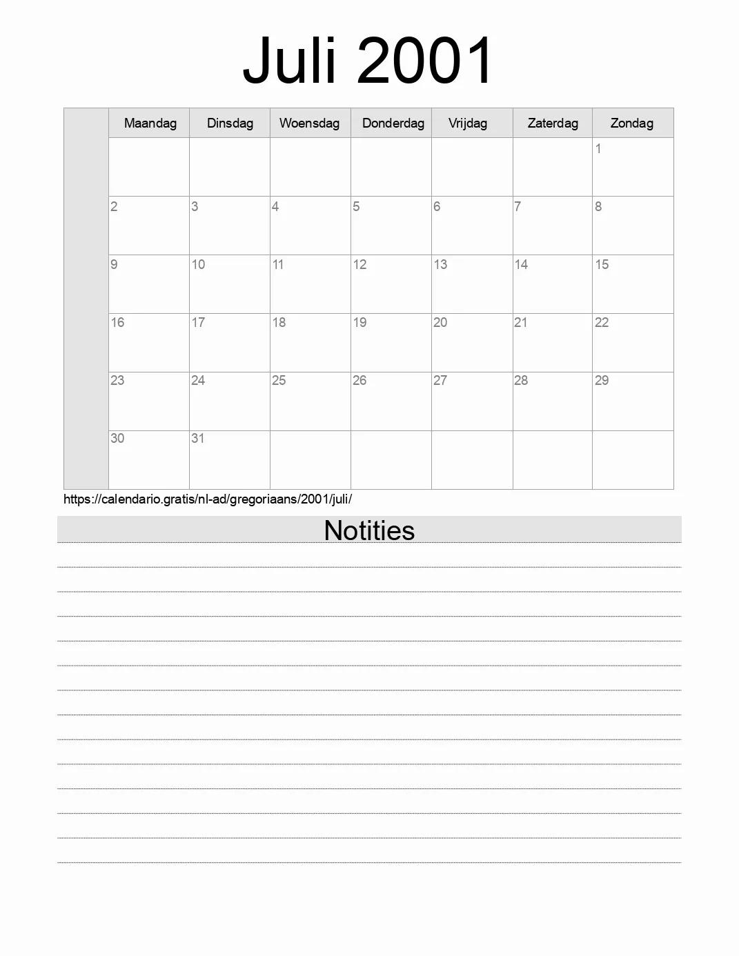 Kalender voor Juli 2001 om af te drukken met notities. (Andorra)