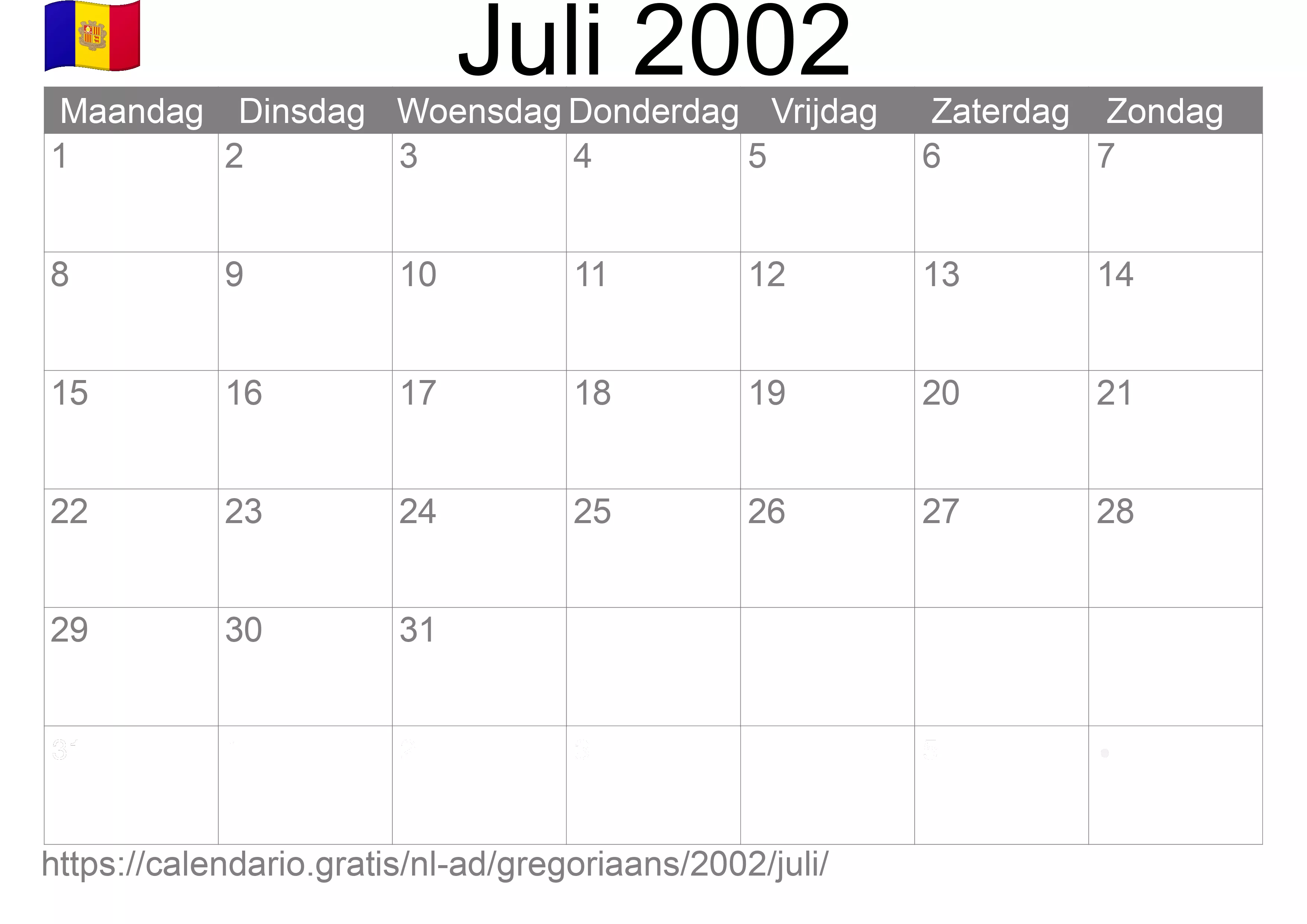 Kalender Juli 2002 om af te drukken (Andorra)