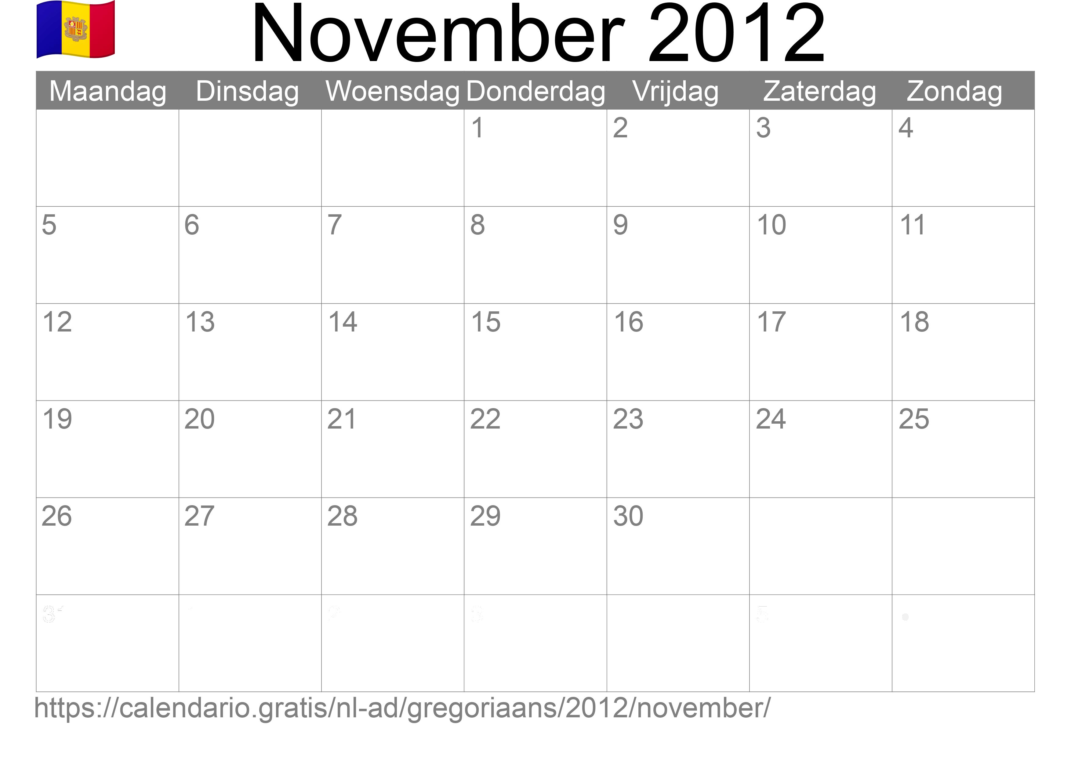 Kalender November 2012 om af te drukken