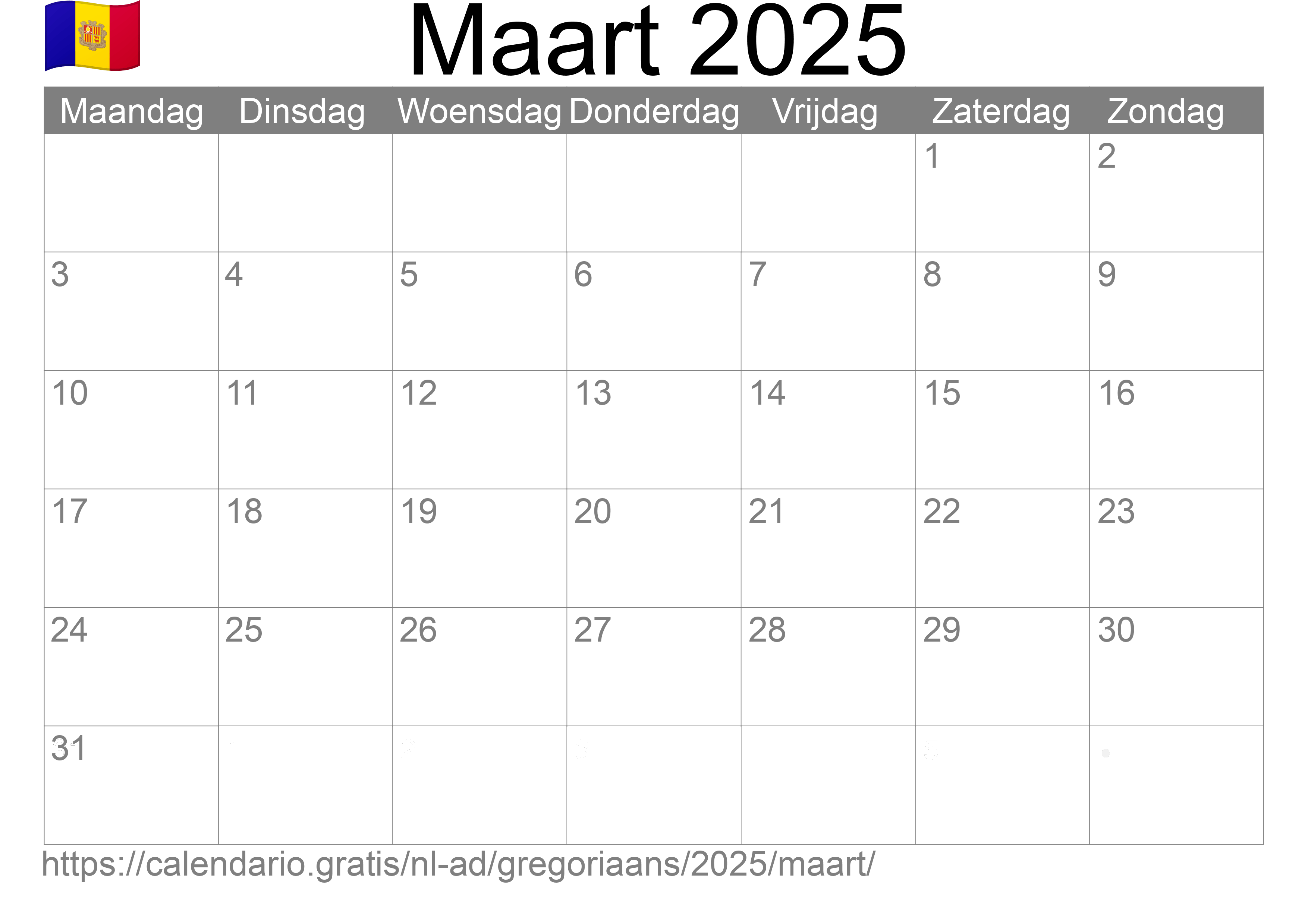 Kalender Maart 2025 om af te drukken