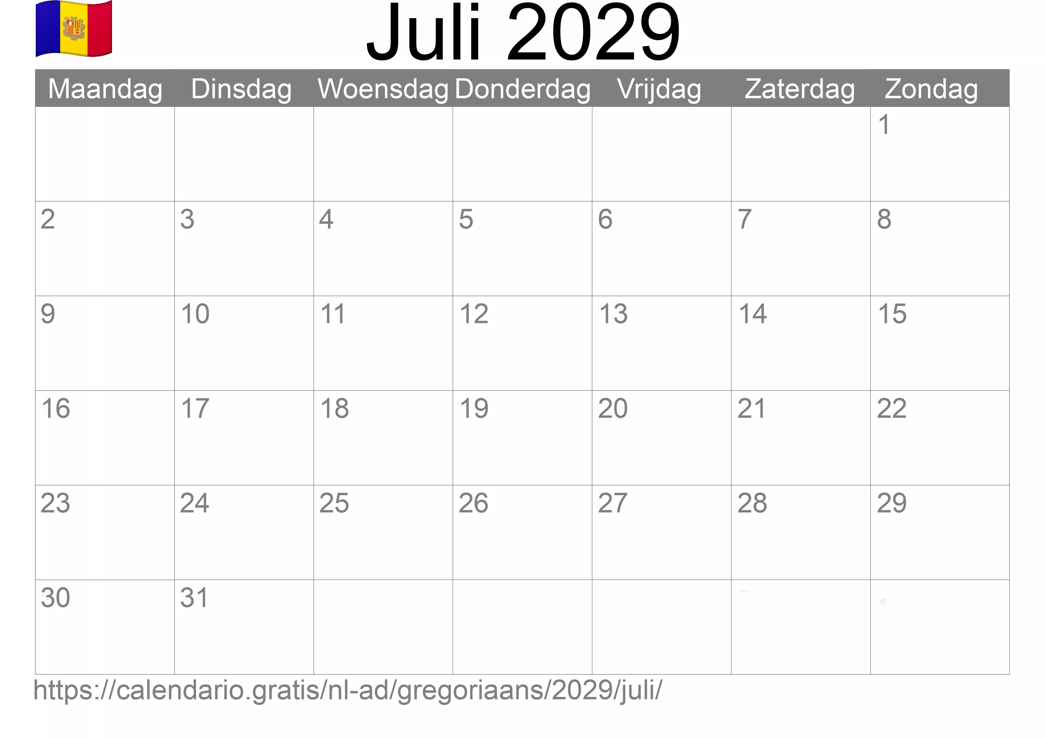Kalender Juli 2029 om af te drukken (Andorra)
